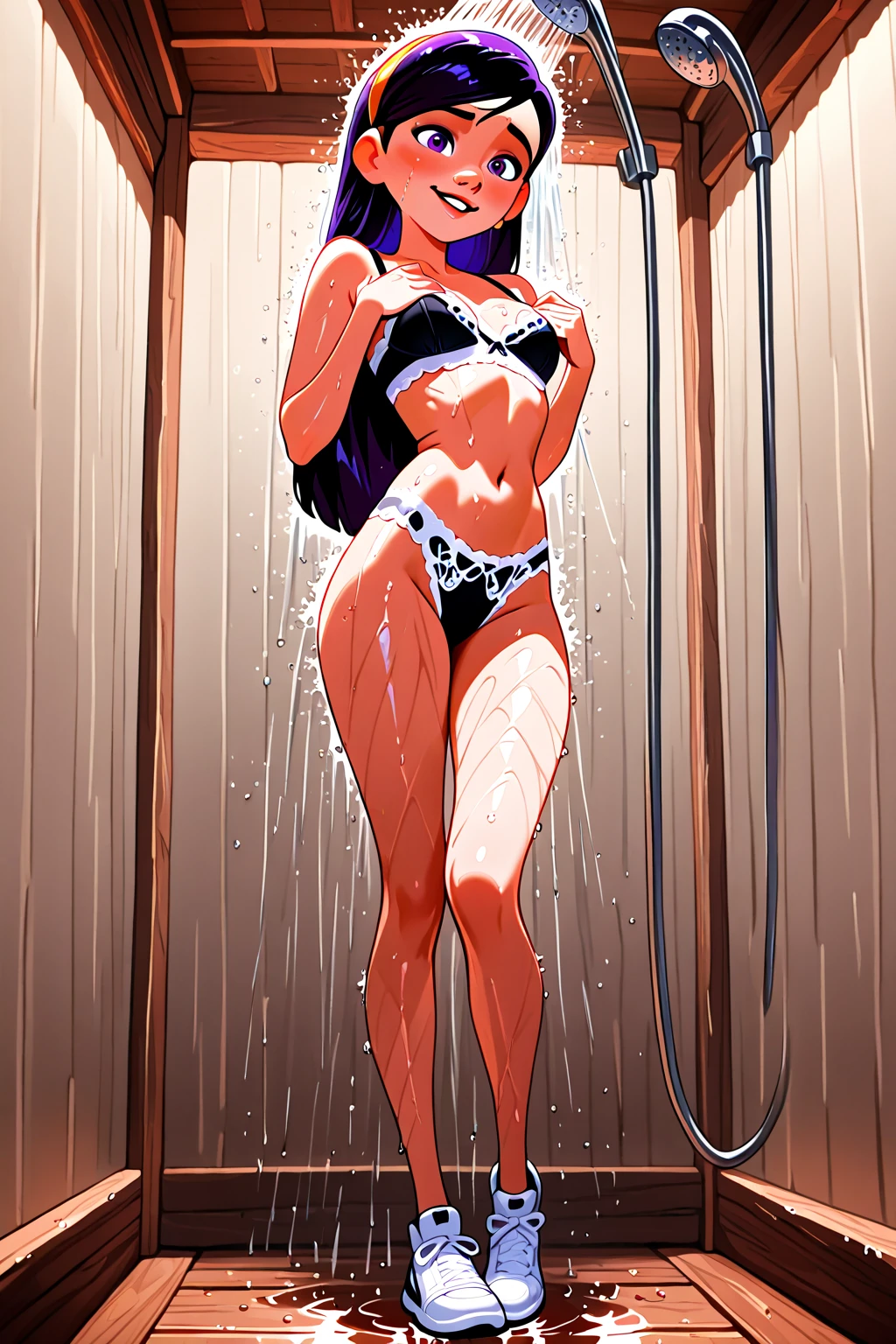 Masterpiece, best quality, Masterpiece, best quality, 1 woman, black skin , wavy black hair , green eyes , smile , sly face , black ?????? , ??????????? , abdomen , Long legs , Put your hands on your ????.... , Barefoot , full body , bathroom