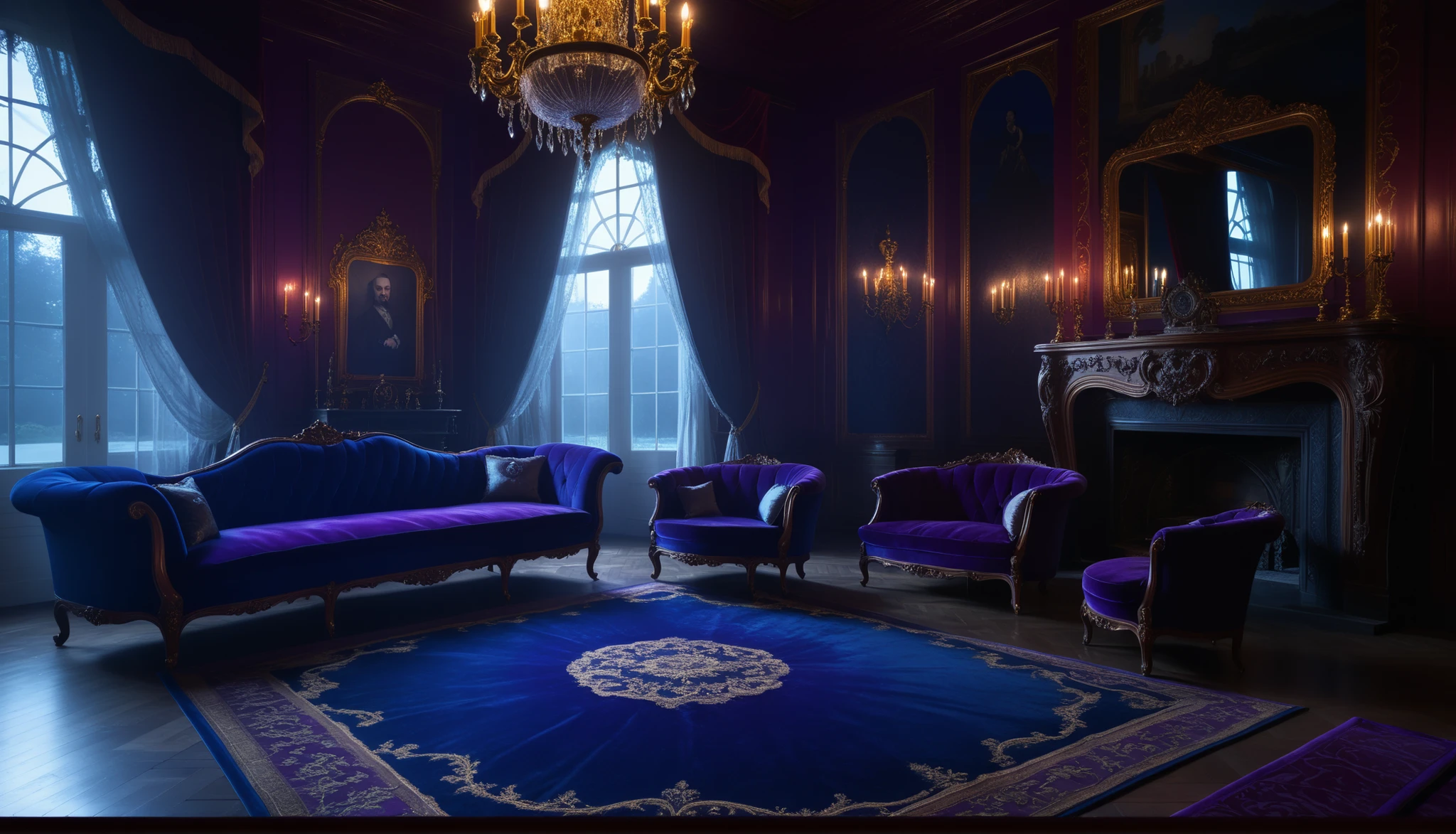 A luxurious Victorian-style room, dimly lit at night, illuminated by moonlight streaming through tall windows draped with red curtains. The atmosphere is mysterious and elegant, with a purple velvet sofa, ornate gilded decorations, antique chandeliers, and a grand fireplace with classical paintings above. The floor is covered in a detailed royal blue carpet, and the entire set is bathed in a cool blue glow, creating a gothic, aristocratic, and slightly sinister atmosphere, with cinematic lighting and a highly detailed, realistic, yet painterly style.