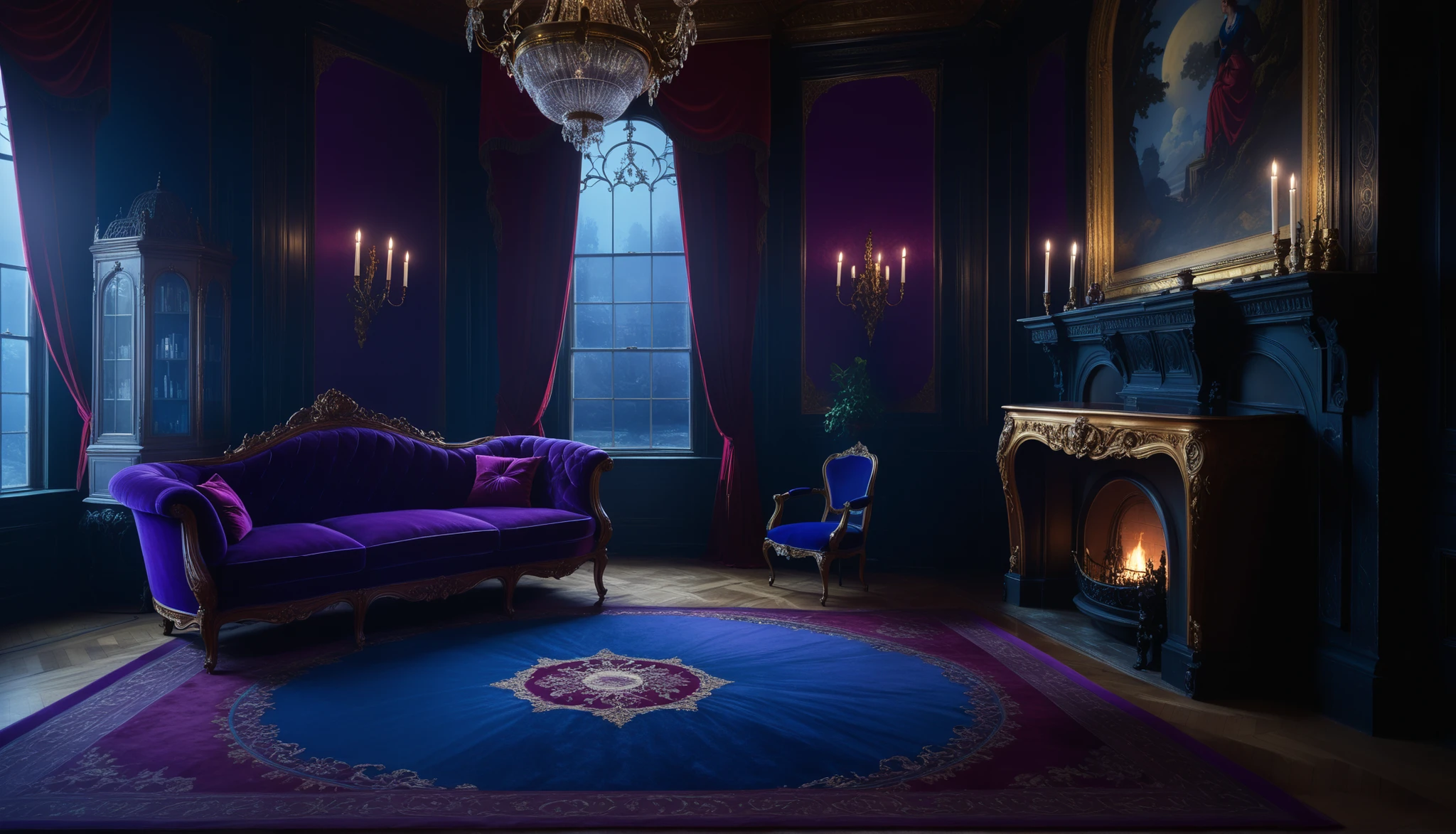 A luxurious Victorian-style room, dimly lit at night, illuminated by moonlight streaming through tall windows draped with red curtains. The atmosphere is mysterious and elegant, with a purple velvet sofa, ornate gilded decorations, antique chandeliers, and a grand fireplace with classical paintings above. The floor is covered in a detailed royal blue carpet, and the entire set is bathed in a cool blue glow, creating a gothic, aristocratic, and slightly sinister atmosphere, with cinematic lighting and a highly detailed, realistic, yet painterly style.