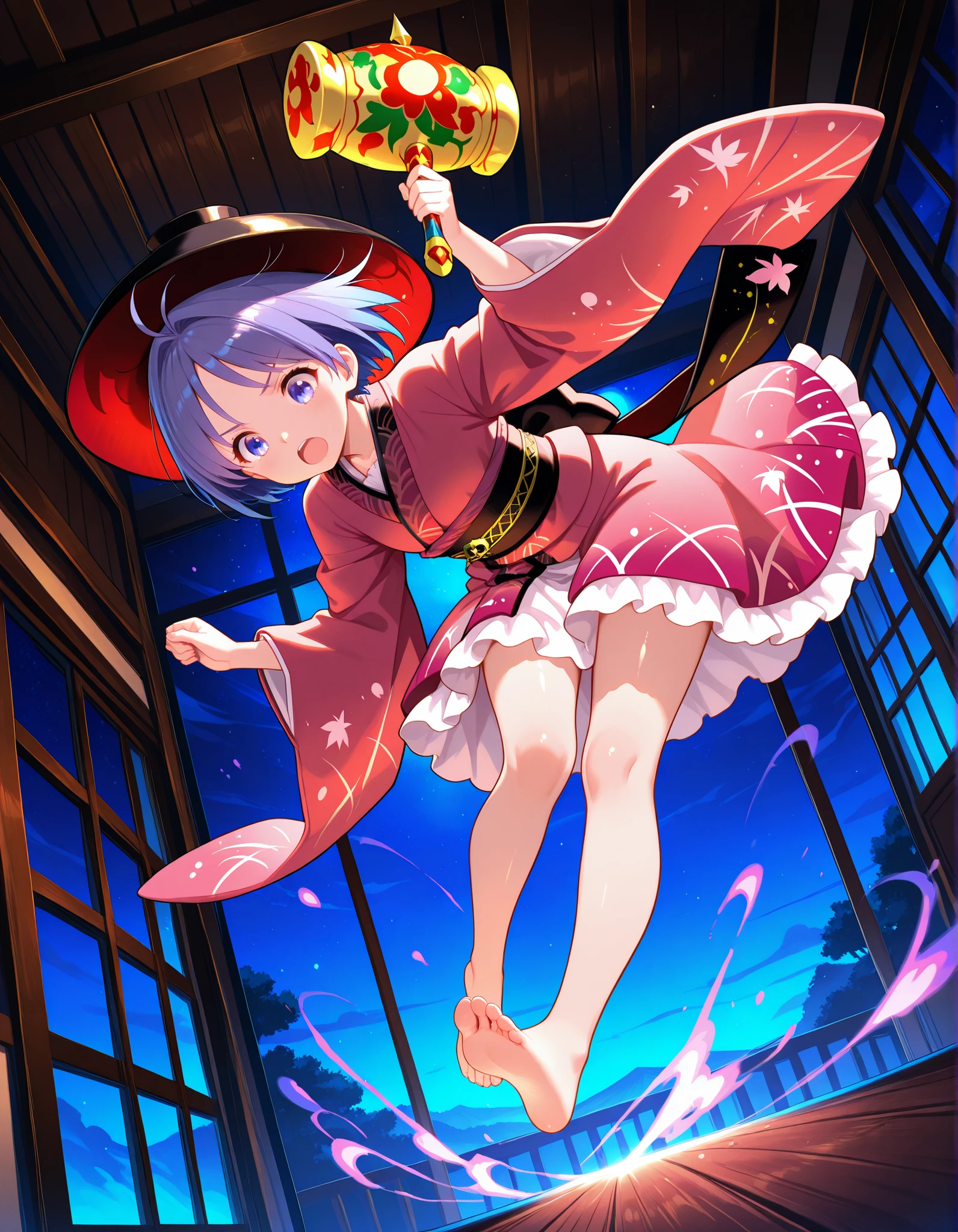 high quality, masterpiece, detailed, 8K, beautiful lighting, five fingers, anime style, vibrant colors, Inside a dark brown Japanese-style wooden building, the world is at night, the ceiling is high and (the building is made of dark brown wood with windows on both sides:1.2), revealing a fantastical world outside. There is no ground inside the building and the girl is floating in the air. A girl is holding a golden mallet and brandishing it towards us. Her expression is defiant, her mouth wide open, and a fantastical, colorful, smoky aura surrounds her. sukuna shinmyoumaru, 1girl, solo, blue eyes, purple eyes, blue hair, purple hair, short hair, antena hair,
bowl hat, japanese clothes, red kimono, frilled kimono, long sleeves, wide sleeves, sash, pink skirt, frilled skirt, miracle mallet, needle sword, shiny skin, shiny, detailed eyes,anime eyes,high detail eyes,multicolored iris,detailed iris, The girl is small, like Issunboshi, and the scenery in the background is huge. full body, the girl is looking at me, (The girl leans forward and levitates in the air while wielding a magic hammer:1.2). (viewed from dutch angle, low angle shot:1.2), (A fantastic night world:1.2), (The girl is floating in the air, her feet not touching the ground:1.3), (Floating in the air:1.3),