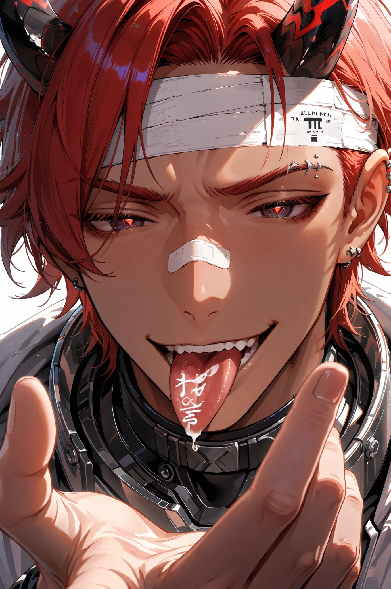 eye_focus, Txt2Img top quality, anatomically correct, very well detailed, 1man, adult_male, close_up, portrait, red_hair, blue_irises, red_pupils, red_eyelashes, eyebrow_slit, silver_eyebrow_piercing, silver_simple little sphere_piercing_on tongue, white_nose_bridge_bandage, slightly_dark_skin, handsome, tongue_out_slightly, looking_down, mocking_smirk, hand_covering_face, beckoning_hand, funky_outfit, look_at_viewer, horn
프롬프트 재사용