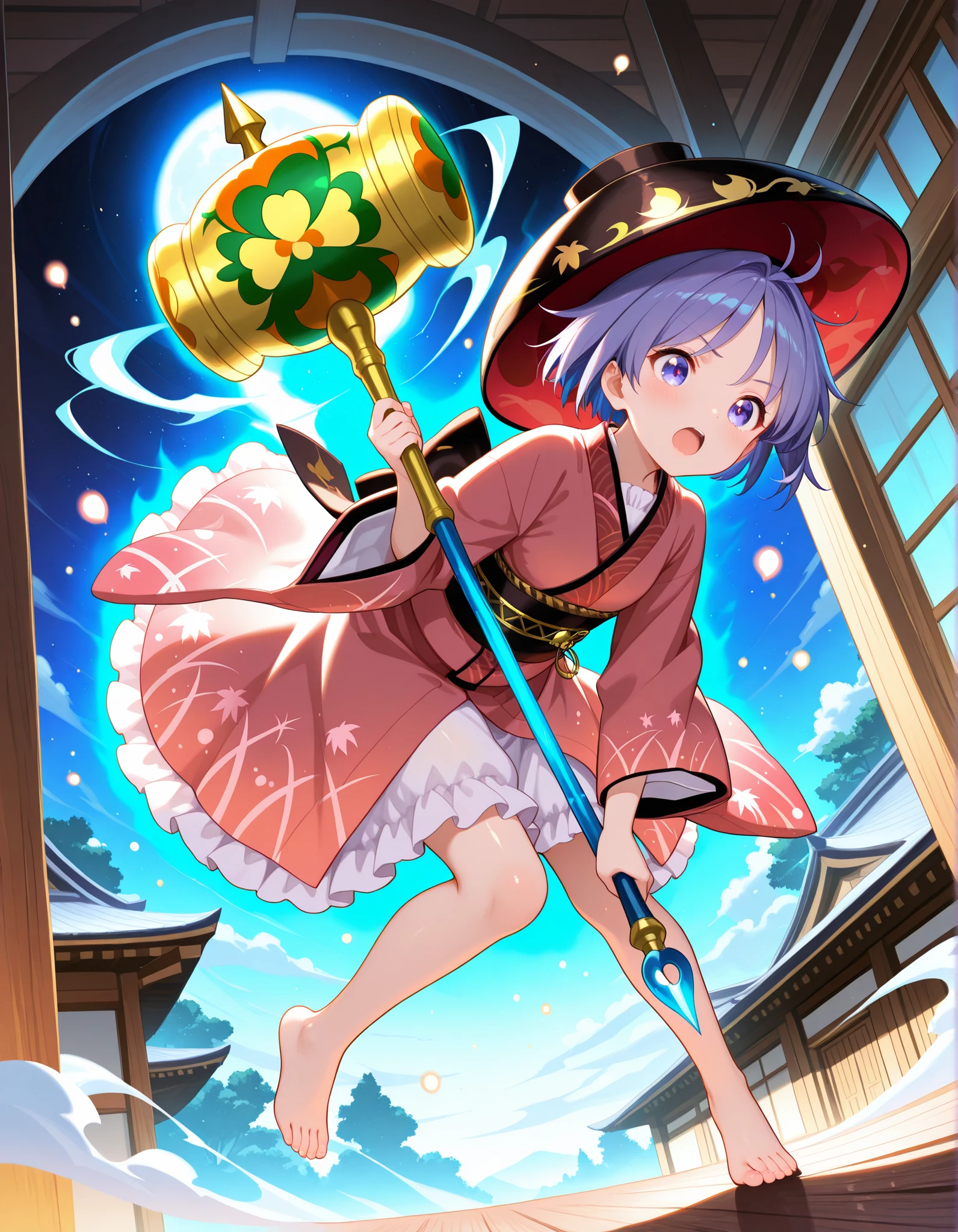high quality, masterpiece, detailed, 8K, beautiful lighting, five fingers, anime style, vibrant colors, Inside a dark brown Japanese-style wooden building, the world is at night, the ceiling is high and (the building is made of dark brown wood with windows on both sides:1.2), revealing a fantastical world outside. A girl is holding a golden mallet and brandishing it towards us. Her expression is defiant, her mouth wide open, and a fantastical, colorful, smoky aura surrounds her. sukuna shinmyoumaru, 1girl, solo, blue eyes, purple eyes, blue hair, purple hair, short hair, antena hair,
bowl hat, japanese clothes, red kimono, frilled kimono, long sleeves, wide sleeves, sash, pink skirt, frilled skirt, miracle mallet, needle sword, shiny skin, shiny, detailed eyes,anime eyes,high detail eyes,multicolored iris,detailed iris, The girl is small, like Issunboshi, and the scenery in the background is huge. full body, (the girl is looking at me:1.2), (The girl leans forward and levitates in the air while wielding a magic hammer:1.2). (viewed from dutch angle, low angle shot:1.2), (A fantastic night world:1.2), (The girl is floating in the air, her feet not touching the ground:1.3), (Floating in the air far above the ground:1.3),