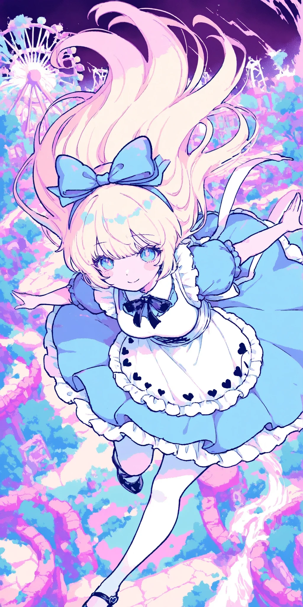 Amusement Park,ruins,dark vibe,android woman,1girl,merry-go-round,,Alice in Wonderland Outfit,ribbon on head,Smile Yan,pastel color,Action,dynamic,anime,masterpiece,Highest Quality,Great Quality,very beautiful,Newest,