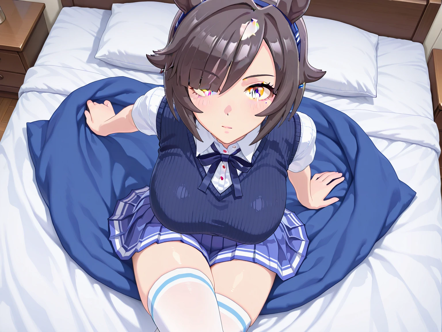 One Woman、Cute Woman、Thighs、Best image quality、High resolution、masterpiece、super high quality、Spread your legs、Pink Bra、Pink Panties、Pink Pantiesが見える、Small ???、Big 、Blushing、4K quality、Blushing、Proud face、Wearing black pantyhose、bed、Spread your ?????????、????? Shot、Sweaty all over、Heavy breathing、My ??????? are bouncing up and down、heart、A mean look、Low - Angle、Slamming your ???? up and down、It's on my face while I'm sleeping、Shake your ???? with high-speed pistons