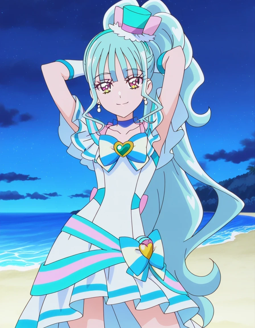 Cure Lillian, light blue hair, very_long_ponytail, wavy hair, purple_eyes, multicolored eyes, small_breasts, earrings, mini hat, hair_ornaments, bangs, light blue precure costumes, anime screencap, high quality, solo, night sky, beach, arms behind head, ((contrapposto)), closed mouth, cowboy shot, looking at viewer, smile best quality