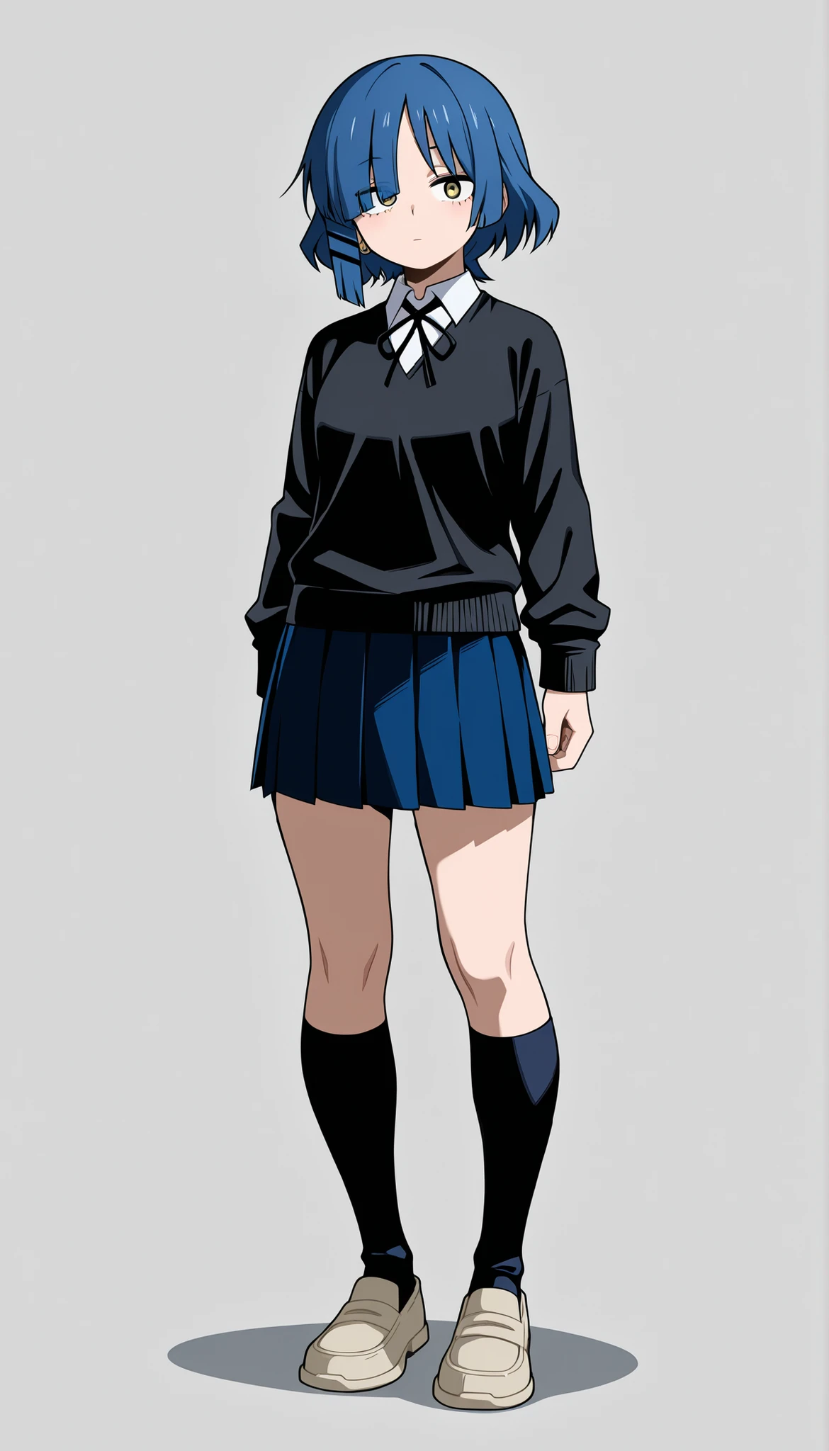 ((Highest Quality)), ((Simple Light Grey background)), (My Hero Academia Style), 1female, female, standing, (Full Body), (Yamada Ryo), school uniform outfit, school uniform, black sweater,