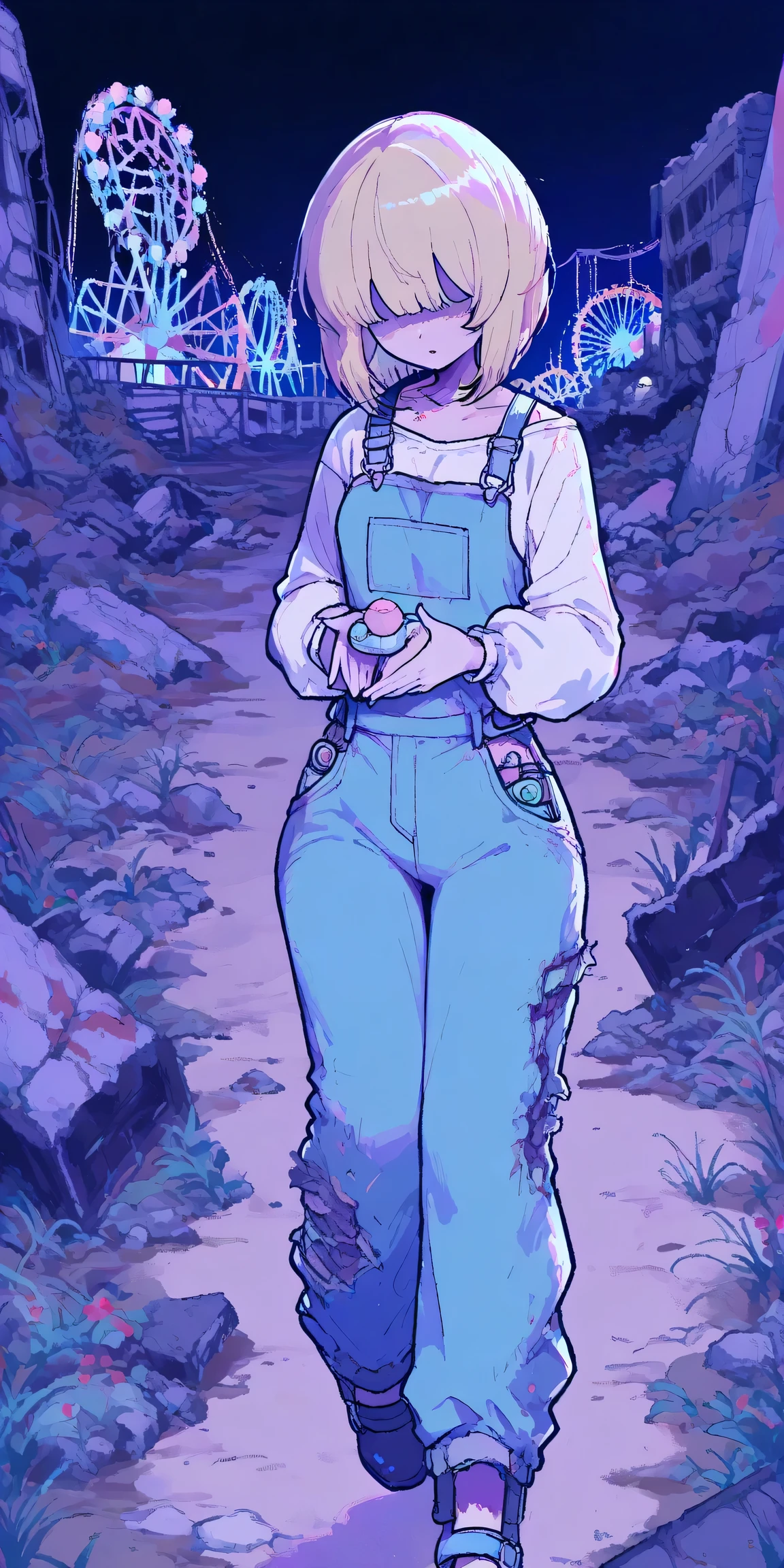 night amusement park in front of both hands,ruins,dark vibe,horror,rusty,android woman,1girl,riding a merry-go-round,is in tatters,Lots of toys,Overall view,,,,dynamic,anime,masterpiece,Highest Quality,Great Quality,very beautiful,Newest,