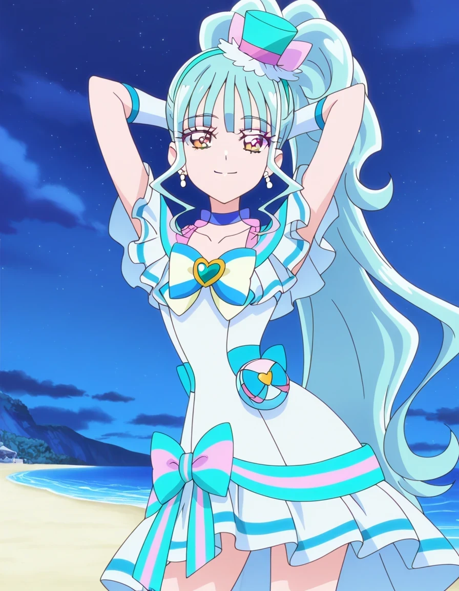 Cure Lillian, light blue hair, very_long_ponytail, wavy hair, purple_eyes, multicolored eyes, small_breasts, earrings, mini hat, hair_ornaments, bangs, light blue precure costumes, anime screencap, high quality, solo, night sky, beach, arms behind head, ((contrapposto)), closed mouth, cowboy shot, looking at viewer, smile best quality