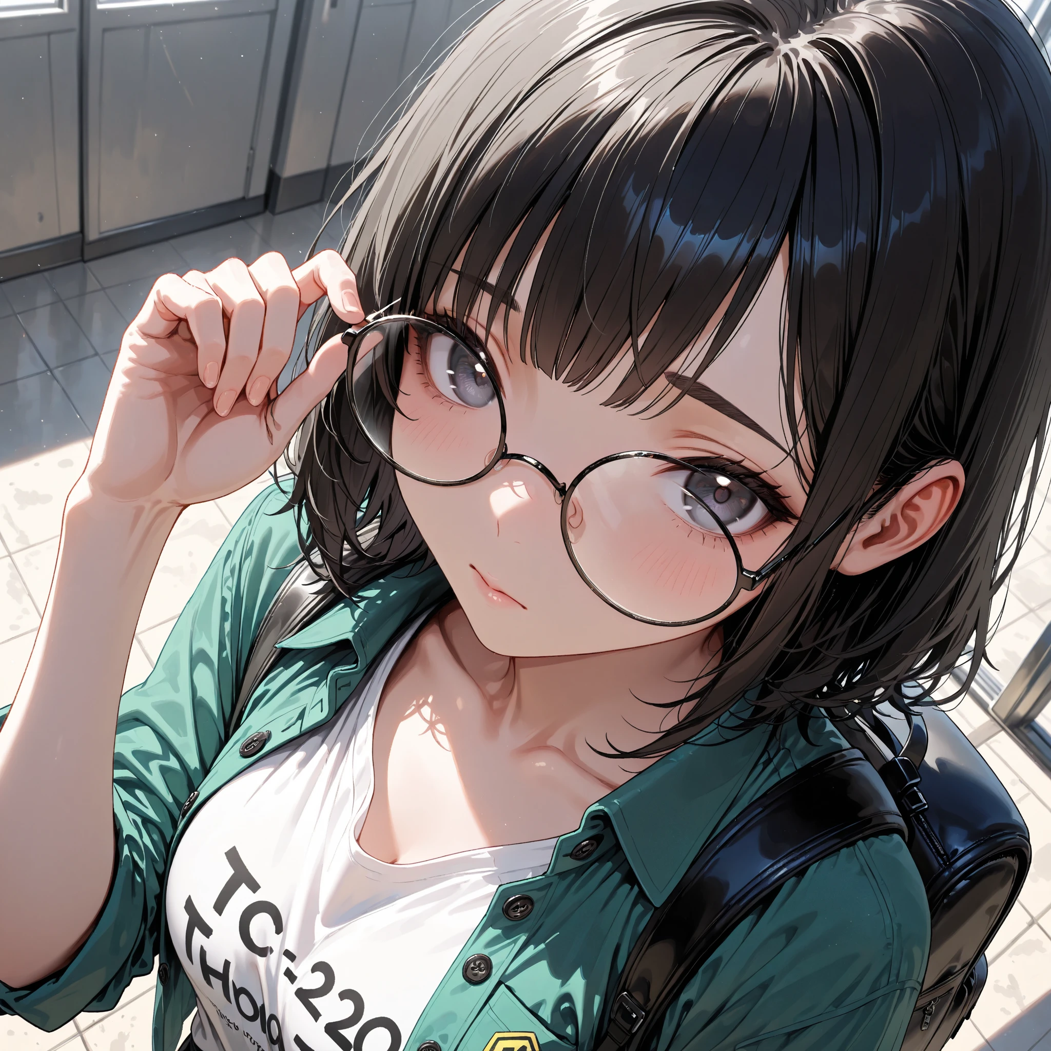 Anime girl with glasses and green shirt on a city street - SeaArt AI