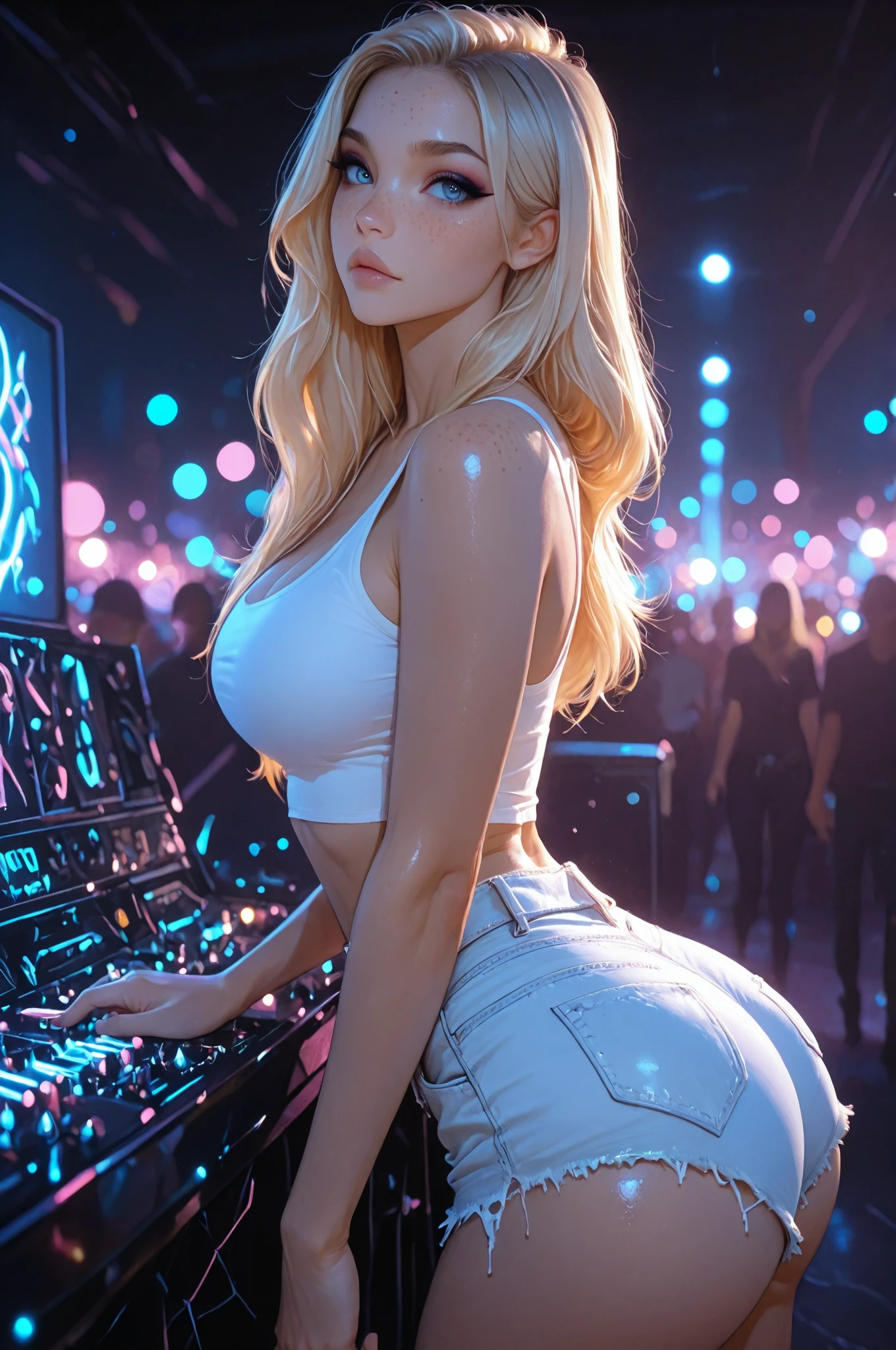 mature model, view from side, looking at viewer, rave, masterpiece, best quality, hrigh details, Ray tracing, hdr, volumetric lighting, bokeh, depth of field, glossy lips, score_9, score_8_up, score_7_up, upscale 2x, white Girl with Long Hair and blue Eyes, beautiful face, Her toned abdomen and curves are visible, close up, tight tank top, ripped jean shorts, freckles, eyeliner, blonde, full breasts, round ass
