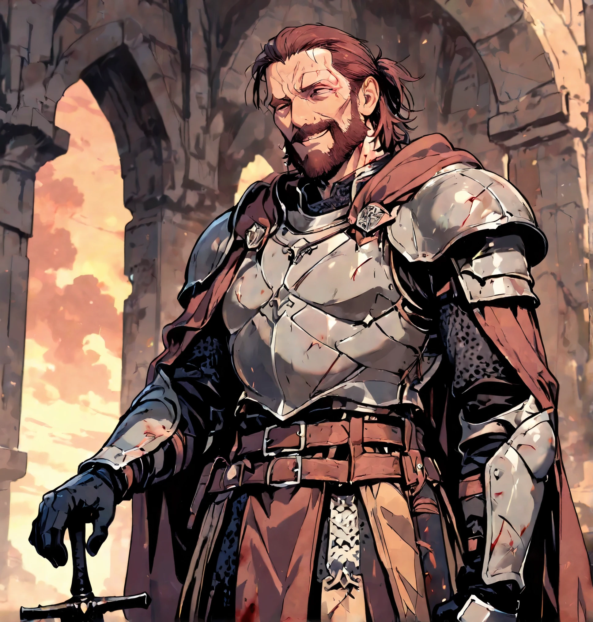 masterpiece, Highest Quality, Newest, solo,Middle-aged man,heavy armor,Great Sword,reddish brown hair,reddish brown beard ,strict face,bad smile,old wound,