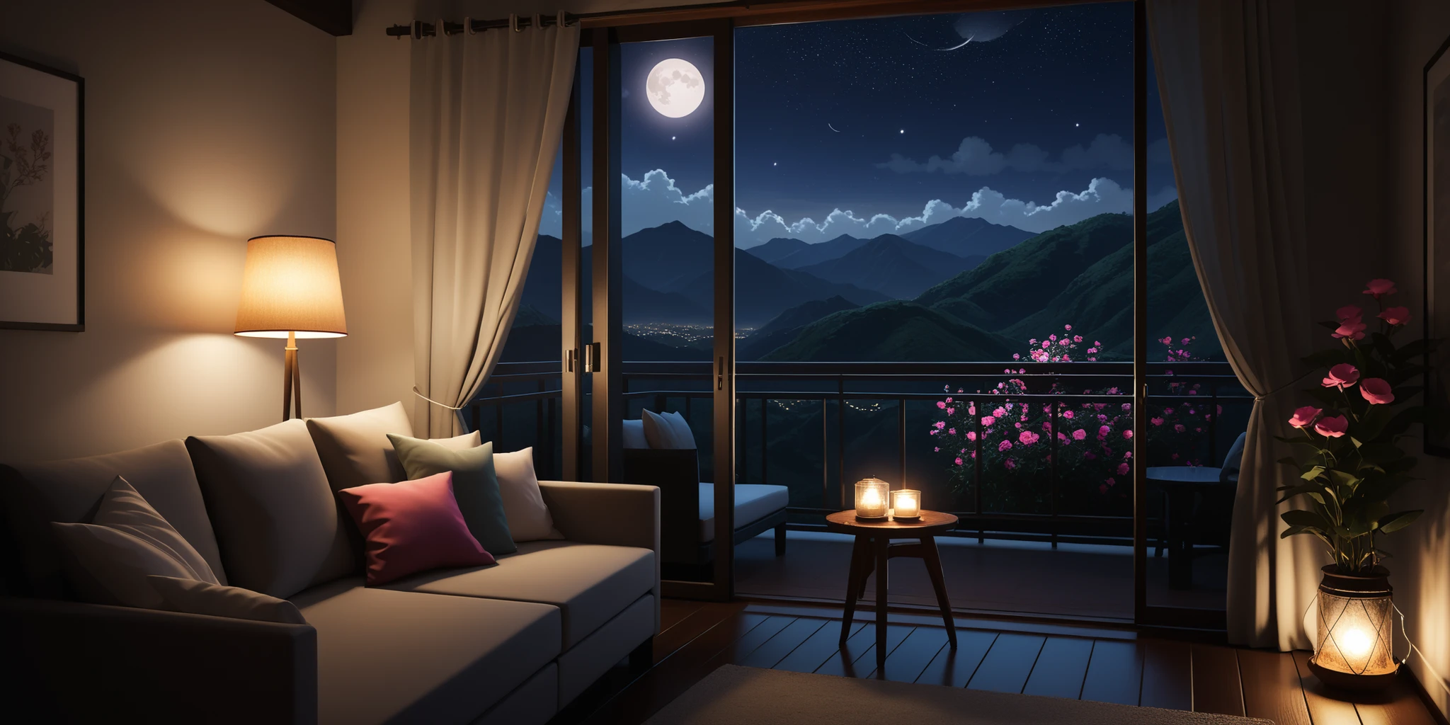 A cozy living room at night, softly lit by a lamp and string lights, and a comfortable sofa in dark tones. Large open glass doors lead to a balcony filled with lush pink flowers. Beyond the balcony, mountains are visible under a starry sky with a bright moon. The atmosphere is peaceful, romantic, and serene, with a soft, dreamy glow, an anime-style background, and richly detailed, warm, and soft lighting.