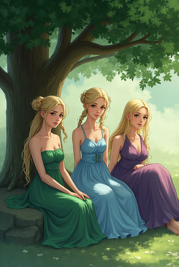 Three girls in a magic forest.
	• Aurora: pele clara, wavy brown hair, amber eyes,  dark tunic, branch tattoo on her arm.
	• Celena: pele clara, blond hair, green eyes, green outfit with leaves, arch on the back.
	•	Emery: pele NEGRA,  long wavy black hair , gray-blue eyes, blue-green outfit, water drops floating.
fantasy art

