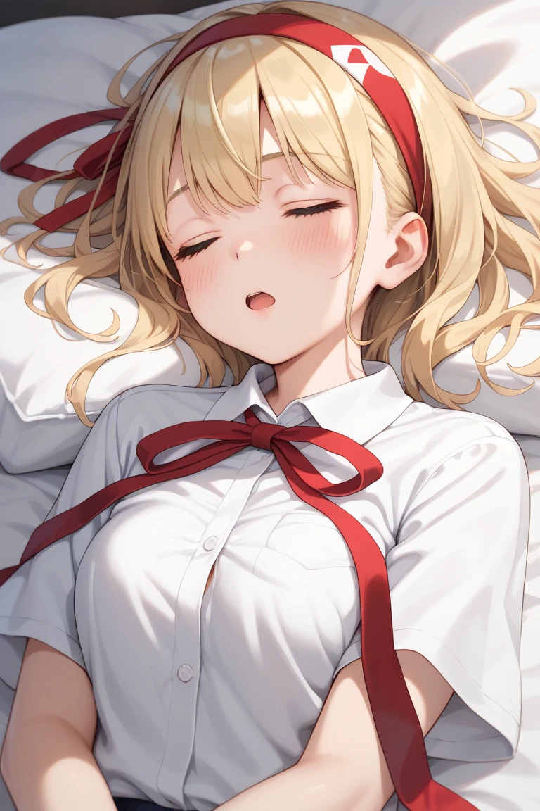 ,　medium hair, , blonde hair, dress, solo, cowboy shot,, blonde hair, (school uniform),　short sleeve shirt, solo, cowboy shot,　high school student,　, 1boy, five fingers, (lie on own back), (overhead shot), blush, (), sweat, drooling, ,  in , crying, collar, bed, 　, ,  , collar on a leash, collar on a leash