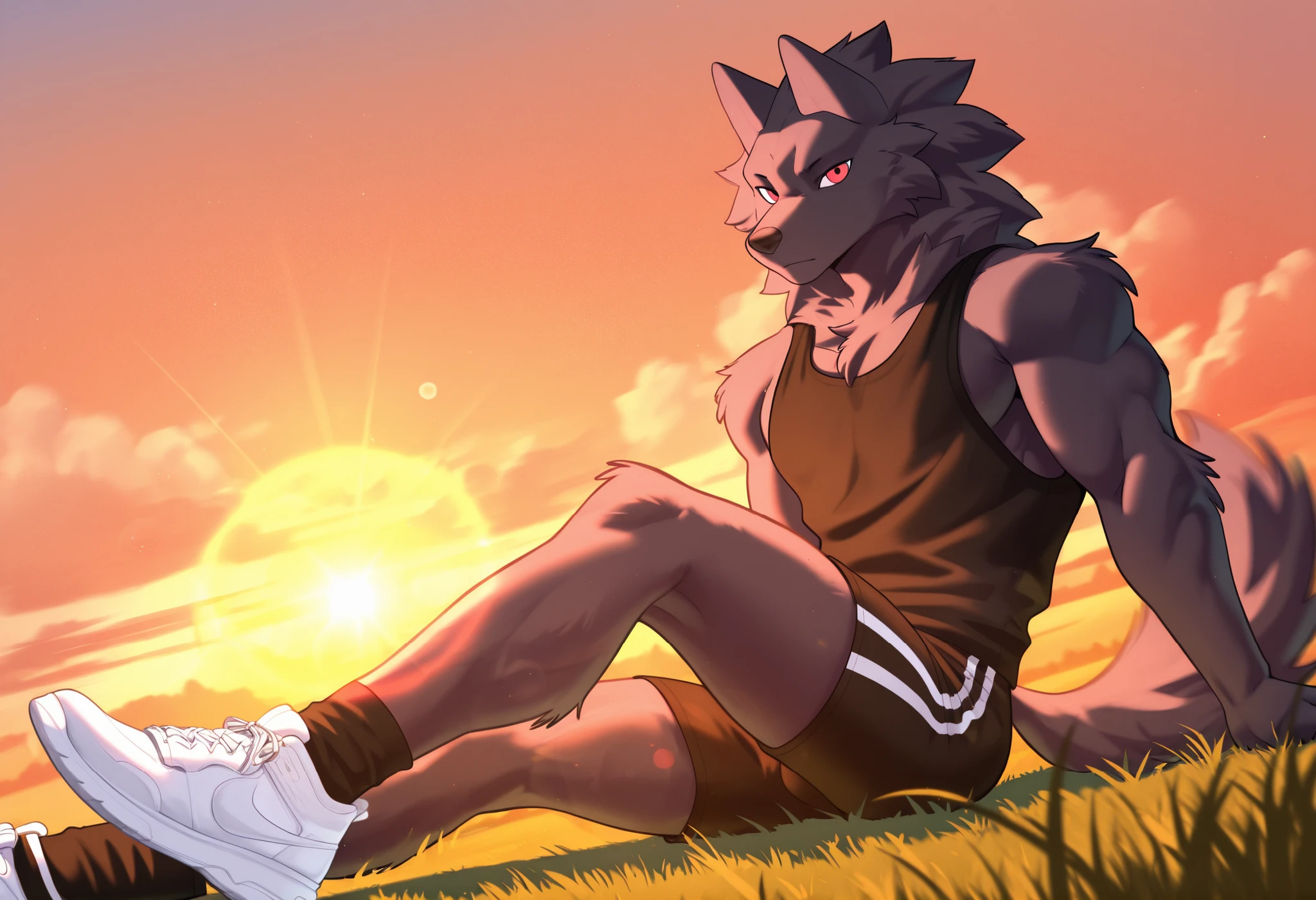 best quality, amazing quality, absurdres, newest, photography, leon_(i_think_i_like_you), furry, furry male, 1boy, red eyes, solo, wolf boy, black fur, looking at viewer, muscular, looking at viewer, well-defined musculature, broad shoulders, dynamic angle, very tall body, black tanktop, sports shorts, white sneakers, black socks, on grassland, sitting on grass, tall grass dynamic pose, raised tail, legs out of frame, volumetric lighting, dynamic pose, long legs, motion blur, clouds, afternoon, expressive, sunset, golden hour, lens flare,
