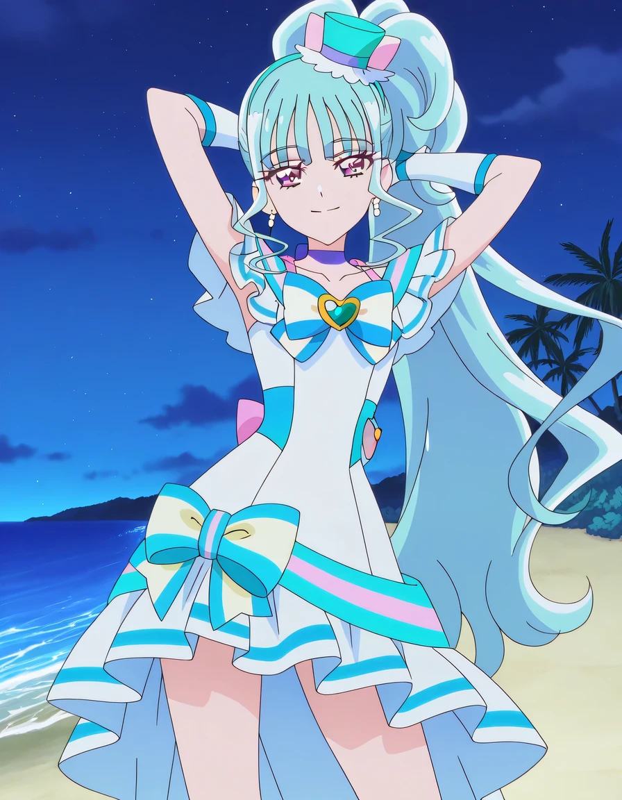 Cure Lillian, light blue hair, very_long_ponytail, wavy hair, purple_eyes, multicolored eyes, small_breasts, earrings, mini hat, hair_ornaments, bangs, light blue precure costumes, anime screencap, high quality, solo, night sky, beach, arms behind head, ((contrapposto)), closed mouth, cowboy shot, looking at viewer, smile best quality