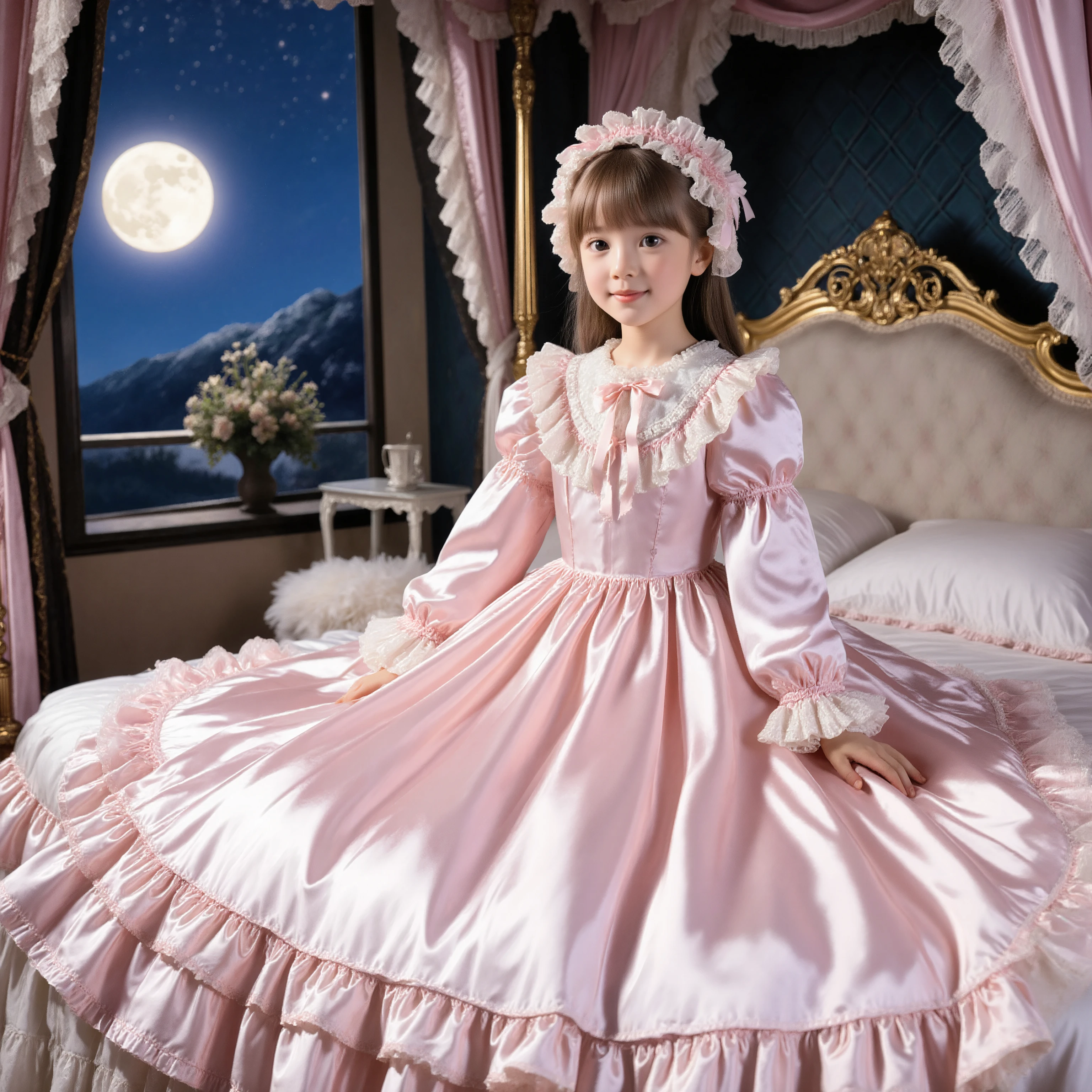 (( Distant Scenery,full body:1.0)),Highest Quality, masterpiece, highest resolution, Artwork, super それにget used to it, many get used to it, get used to it, それにget used to it, 3k photos,,Three Ladies from a Noble Family, ((10 year old Japanese girl:short高さ)),Get used to the ultra-fine young face,,nice smile,baby-like face,short,,(((straight long hair))),,(((pastel silk satin nightgown with lots of ruffles and bows,1920s style victorian nightgown:1.2))),((ruffle mob cap with ribbon)),((detailed yoke color with ruffle and ribbon,detail ruffle placket:1.0)),((long sleeve,puff sleeve with ribbon,ruffle sleeve)),((Ruffle Long Skirt Up to the Ankle:1.0)),((full bodyが映っている)),(bed that is secured to),Night view and moon across the window,Before going to bed , white ruffle socks,luxury canopy bed behind,super detailed background,