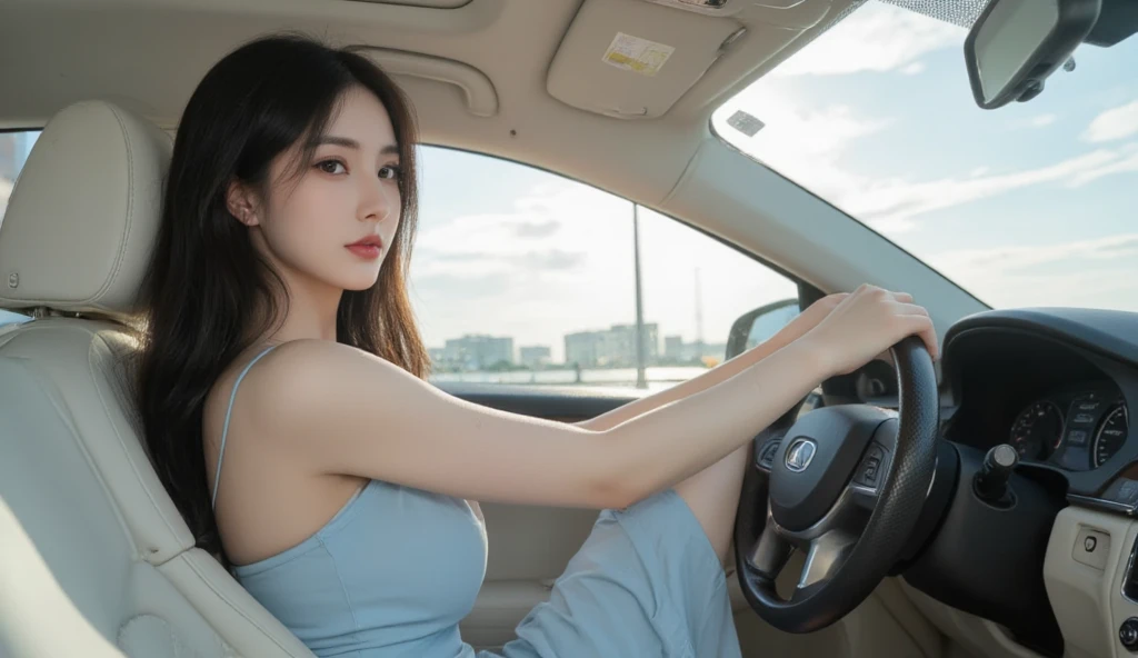 Create an image of a girl wearing a cleavage-revealing high-cut leotard and a luxury Rolls Royce car。Cute face, clear white skin and big breasts。The body of the car is glossy black、The background is a cityscape lined with skyscrapers.。The distinctive Rolls-Royce Spirit of  emblem must be clearly visible。Considering the balance between the size of the car and the person。Stand outside the car and take the photo:1.44,Depict a scene in natural evening light。
