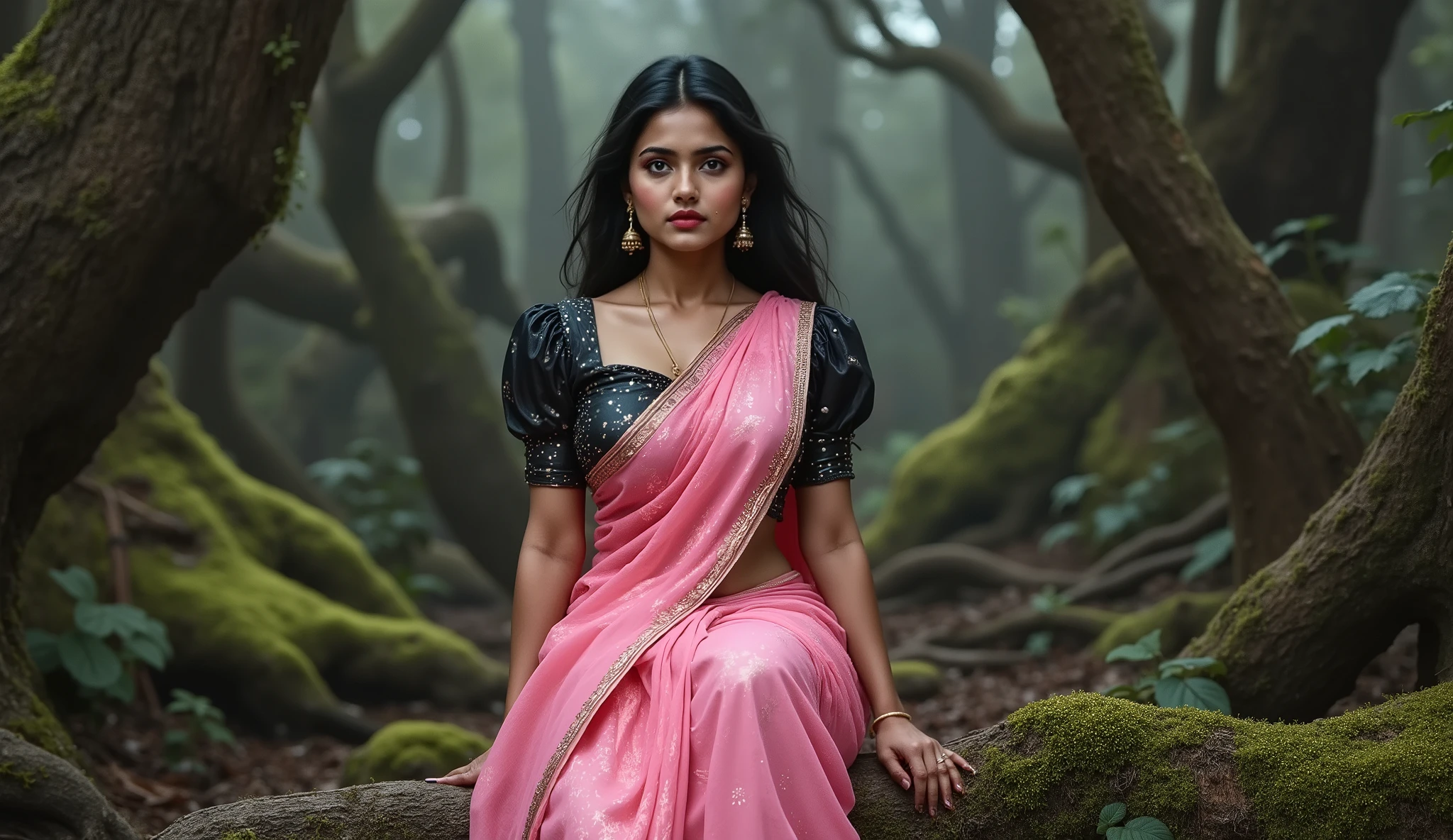 Full hd image of a indian 25 years old girl wearing pink shimmer saree black blouse sitting in a scary ancient forest