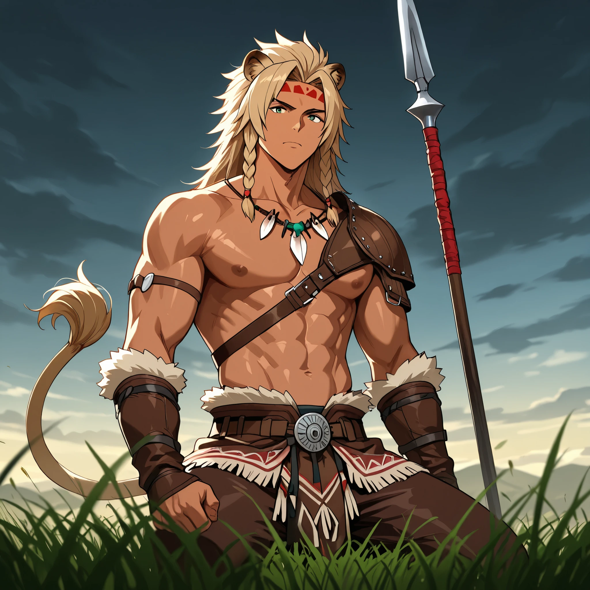 "A young man warrior Dothraki man with semihuman features, ears and lion's tail anime style., 19 years old, athletic body lenses , tanned skin, long voluminous sand-blond hair braided with beads and leather straps. He wears light tanned leather armor and tribal accessories. and a layer of fluffy fur, He wears a spear, with a confident expression. . bottom: an infinite sea of grass and stormy sky. dramatic lighting, Epic Anime Style, great level of detail ,