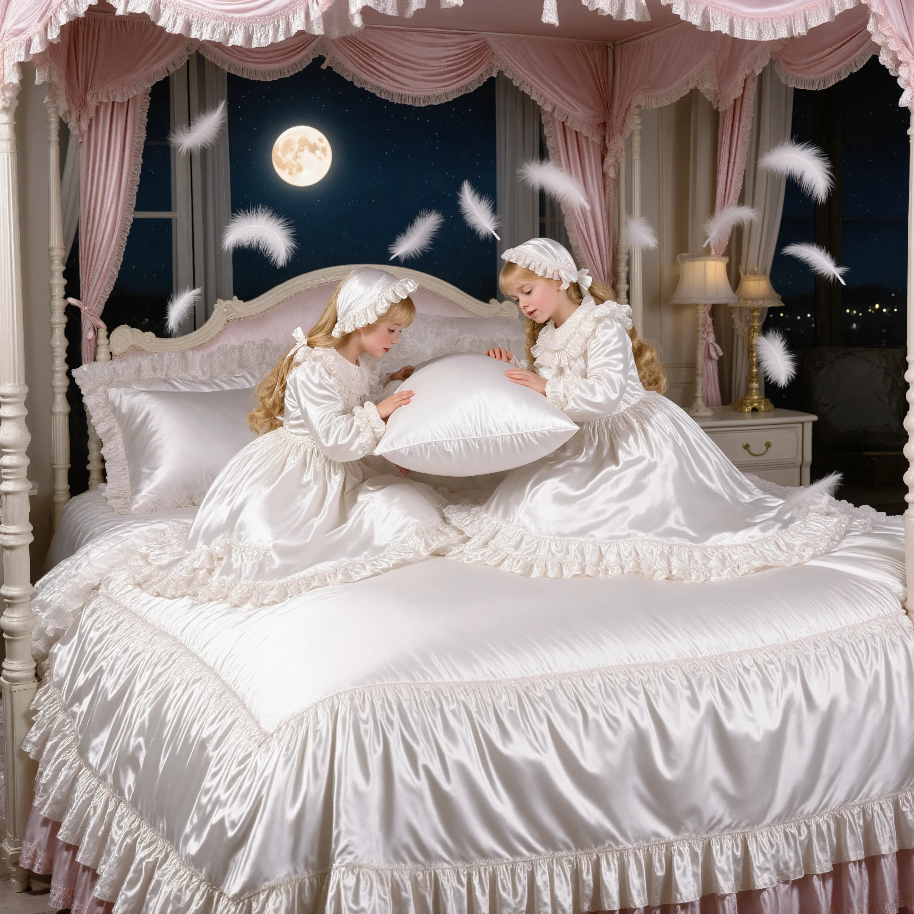 Highest Quality, masterpiece, highest resolution, art work, super get used to it, many Get used to it, Get used to it, get used to it,change,Before going to bed, ,Little Girl, on the bed,((大きなon the bedのかわいい女の子)),((Childhood )), ((Little Girls Pillow Fighting on the bed,Pillow Fight:1.2,)),They Have Ruffled Silk Satin Pillows,((lots of white feathers dancing,detailed Realistic feather:1.0))((10 years old)),European,((long blonde hair:1.0)),(((white nightgown with lots of frills and ribbons,1920s style Victorian nightgown:1.2))),((frill nightcap with ribbon)),((Detailed Yoke Color with Ruffles and Ribbons,detailed ruffle placket:1.0)),((long sleeve,puff sleeve with ribbon,ruffle sleeve)),((Ruffle Long Skirt Up to the Ankle:1.0)),((the whole body is shown)),(of the goddess),(Men wearing),detailed night view and the moon in the window,Before going to bed,white ruffle socks, Big Bed with Lots of ruffled cushion with necklace,Luxury Canopy Bed , ,four-poster canopy bed,king size bed,big bed,ruffled cushion with necklace,More pillows, Soft and smooth comforter,round plump comforter,Ruffled lace silk.retro white pipe bed frame, Realistic,((Out of frame bigger king size bed:1.2)), Frilled Drapes ,