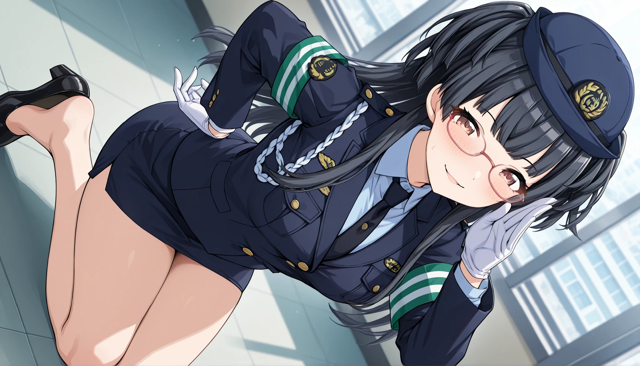 Uniform Buttons、collared shirt、Black Suit、Navy blue pencil skirt、Bare feet、A uniform jacket that emphasizes the nude body of the lower body、black pumps、White butt underpants,police, police uniform,police woman's navy blue color hat, skirt,miniskirt、ミニskirt、タイトskirt、skirt、,butt underpants,、mayuzumi_fuyuko, 1girl, gloves, black hair, two side up, brown eyes,large breasts ,,red-framed eyewear,masterpiece, Highest Quality,
((((staring at the viewer , seductive smile、embarrassed、drunk face、blush、blush, ))),(((no panties、not wearing panties、)))、has big thighs、and the big butt、office for 1 day,police署
