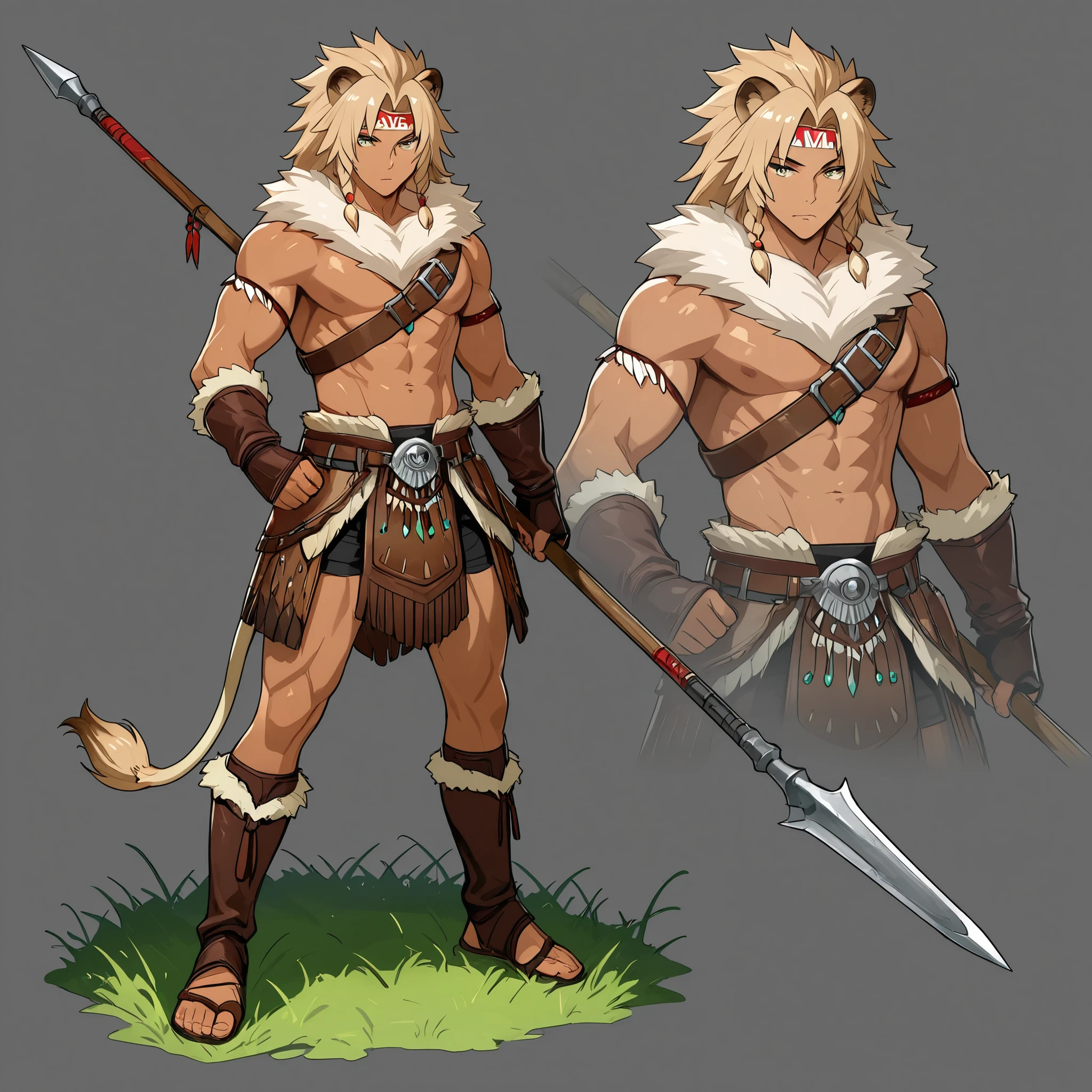 "A young man warrior Dothraki man with semihuman features, ears and lion's tail anime style., 19 years old, athletic body lenses , tanned skin, long voluminous sand-blond hair braided with beads and leather straps. He wears Native American-style tanned leather armor and tribal accessories. and a layer of fluffy fur, He wears a spear, with a confident expression. . bottom: an infinite sea of grass and stormy sky. dramatic lighting, Epic Anime Style, great level of detail ,
