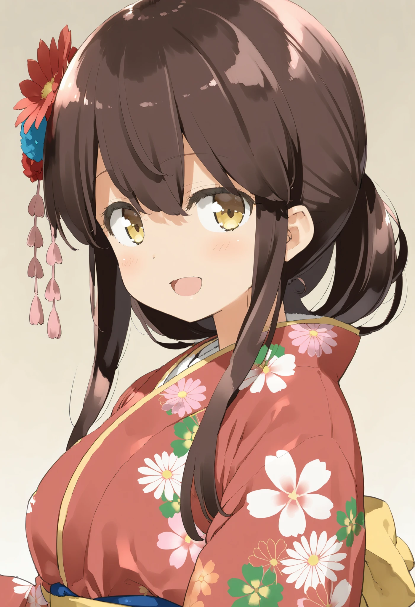 1girl, akagi \(kancolle\), kantai collection, ((kani biimu)), portrait, hair up, red kimono, obi, yellow bow, hair flower, hair ornament, floral print, print kimono, long sleeves, wide sleeves, breasts, :d, dark brown eyes, natural lighting, (masterpiece, best quality), gradient background, yellow background, (3d render:0.5), highly detailed, finely detailed fgifjdj