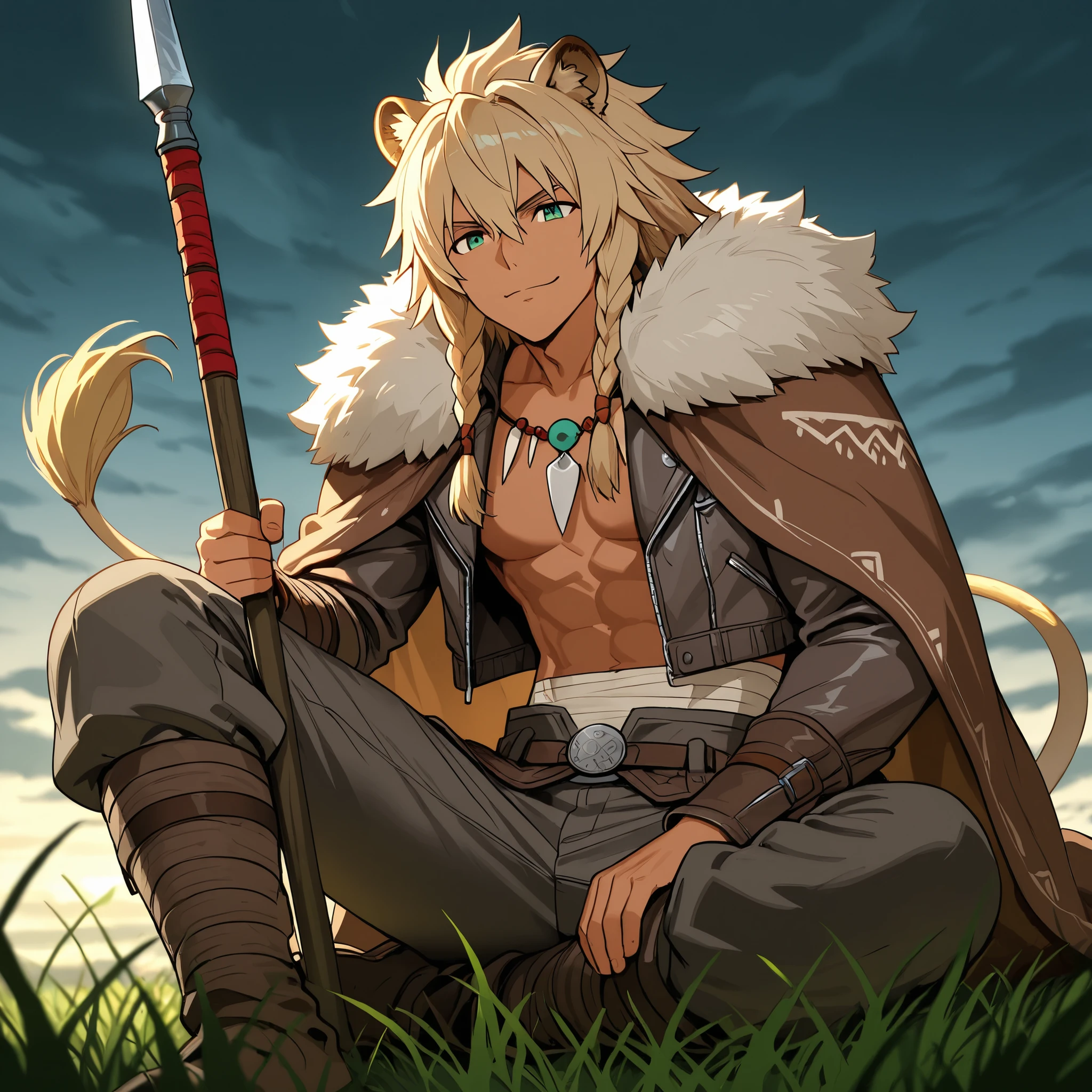 "A young man warrior Dothraki man with semihuman features, ears and lion's tail anime style., 19 years old, athletic body lenses , tanned skin, long voluminous sand-blond hair braided with beads and leather straps. He wears native-American style clothing, gray animal leather jacket and pants with bangs and tribal accessories and a fluffy fur cape, He wears a spear, with a confident expression. . bottom: an infinite sea of grass and stormy sky. dramatic lighting, Epic Anime Style, great level of detail ,