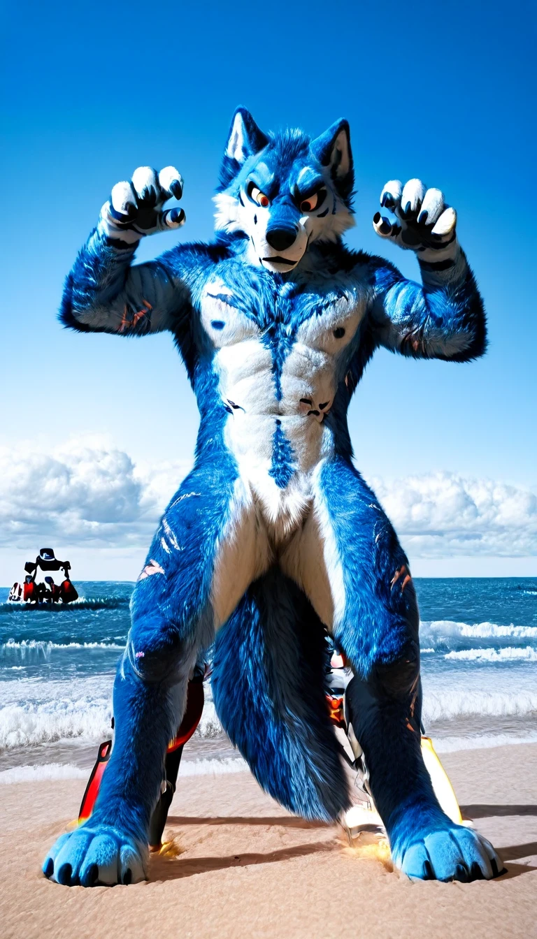 right-sided perspective , lobo macho negro, naked, hairy, legs spread, looking down, background on a beach, sky blue, white clouds, sea waves, white sand, standing, amber eyes, serious look, claws, fluffy tail, scars, Bodybuilder Pose Motorcycle Clothing , feeless crotch ,