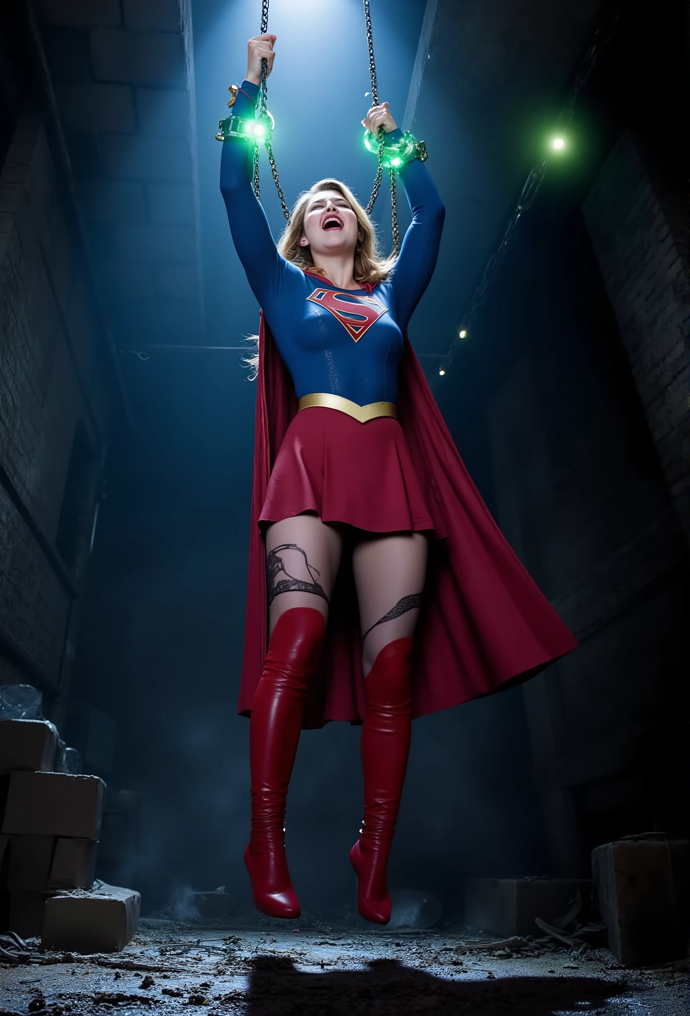 Melissa Benoist as Supergirl, the Supergirl is hanging to the ceiling with chains, she is hanging her wrists to the ceiling with a green luminous handcuff, a lot of chains tied her wrists together, painful face, extremely pain, She is wearing a Supergirl costume with red skirt, pantyhose and red knee height boots, exhaust, torn clothes, torn pantyhose, screaming in pain, bright spotlight focus to her body, cum on her forehead, cum on her skirt, cum on her thighs, in the cave,