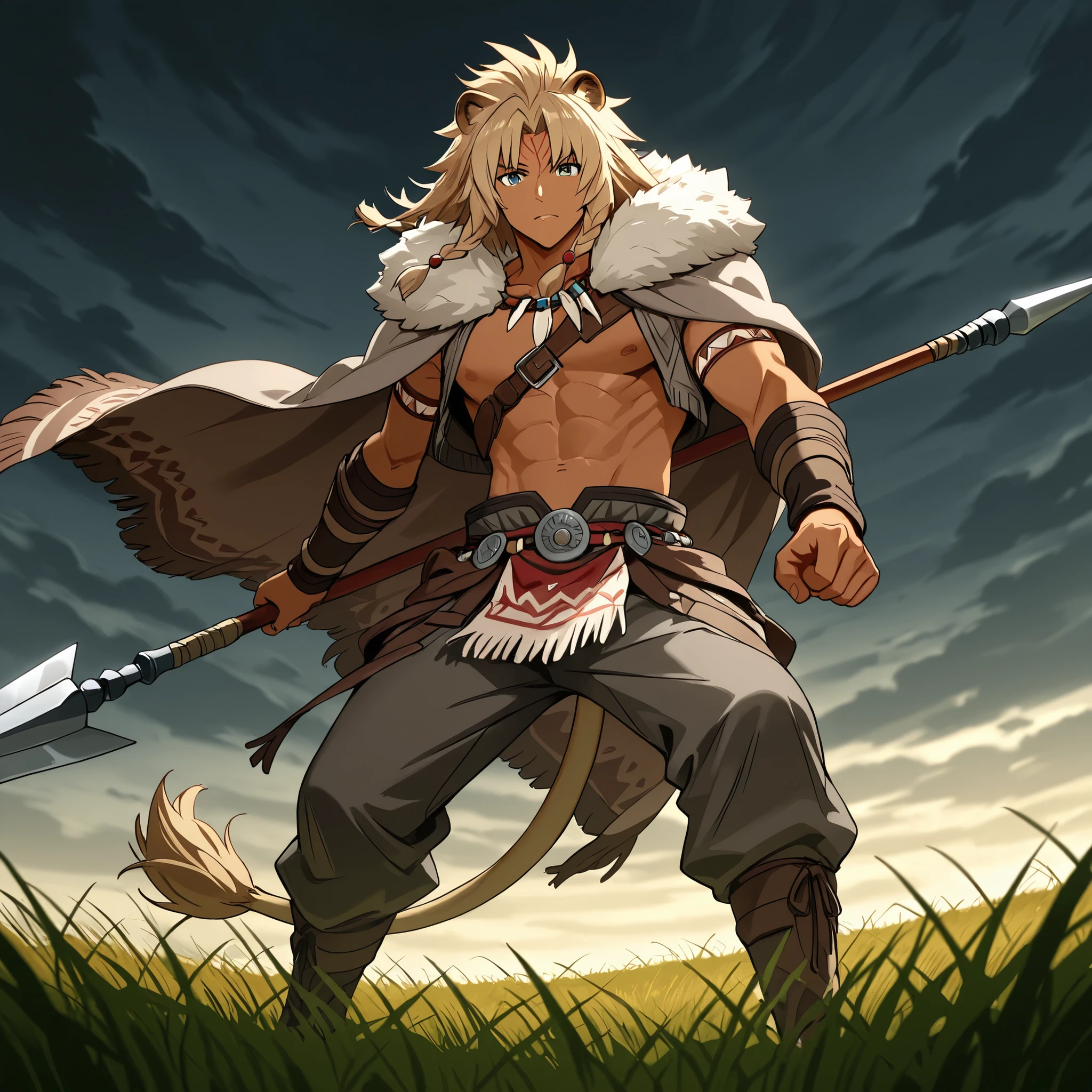 "A young man warrior Dothraki man with semihuman features, ears and lion's tail anime style., 19 years old, athletic body lenses , tanned skin, long voluminous sand-blond hair braided with beads and leather straps. He wears native-American style clothing, gray animal fur jacket and pants with bangs and tribal accessories and a fluffy fur cape, He wears a spear, With a confident expression he walks through an endless sea of grass and stormy sky. dramatic lighting, Epic Anime Style, great level of detail ,
