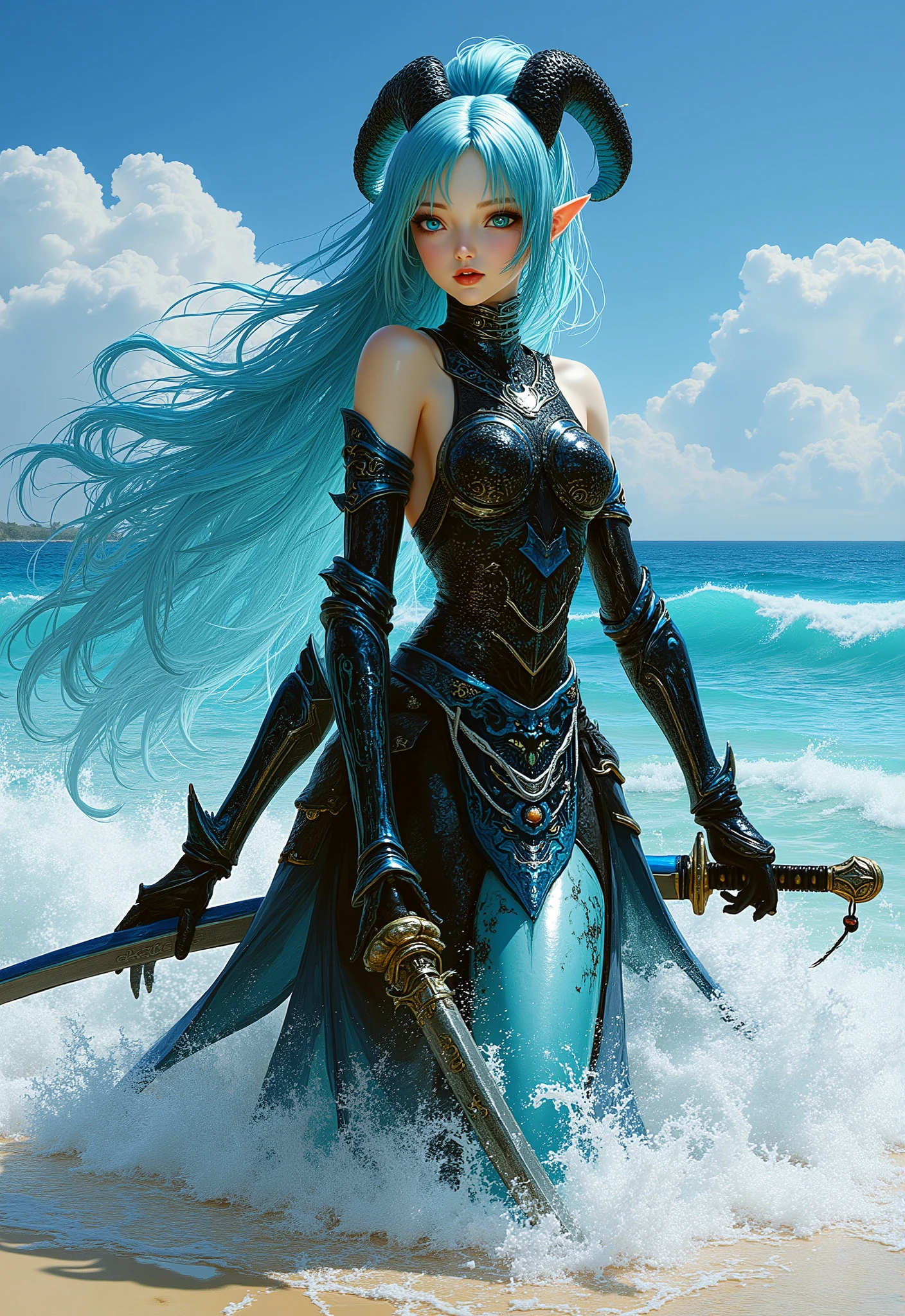 a woman, light blue hair, sea snake ears, black and blue armor, bright blue eyes, long hair, sword, beach background.