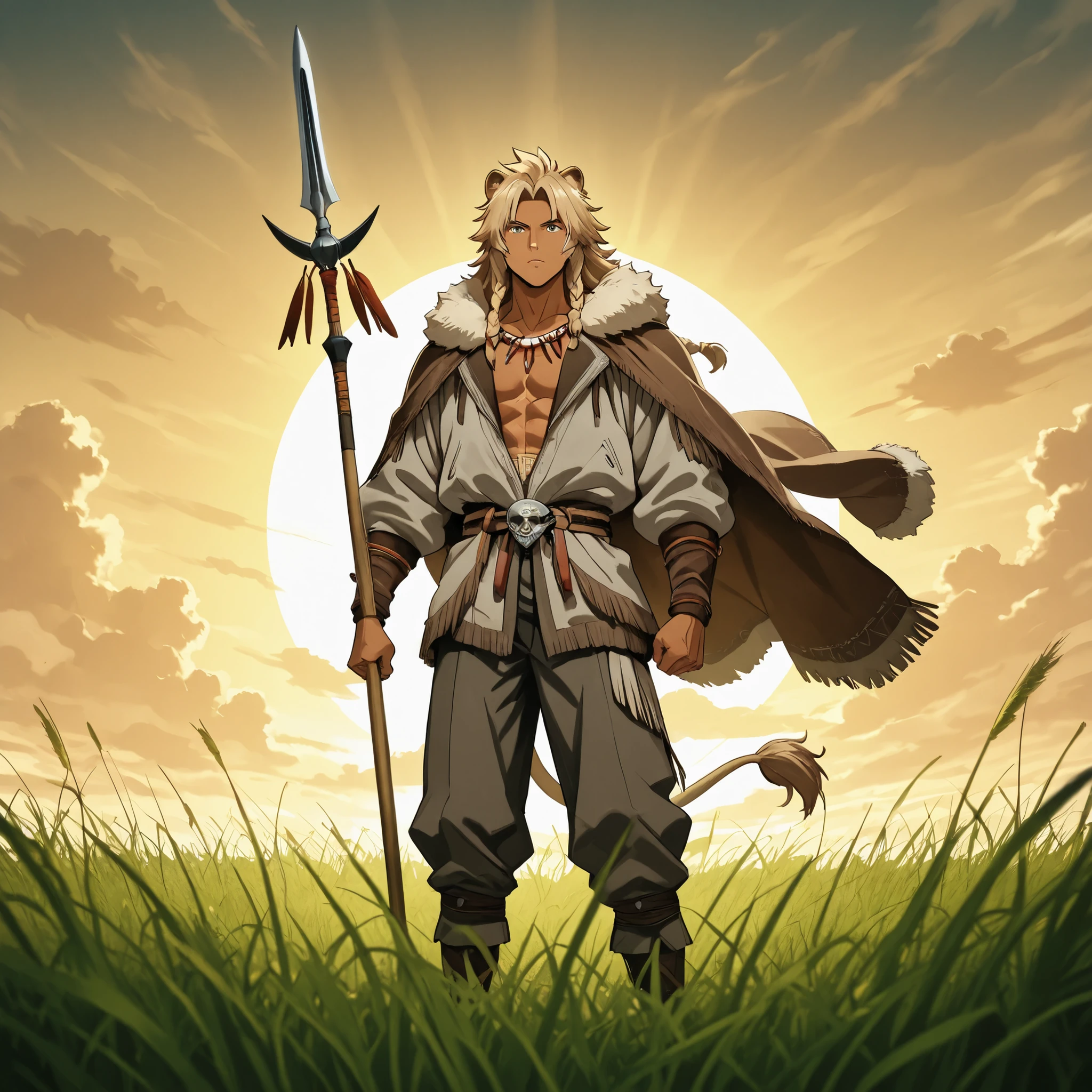 "A young man warrior Dothraki man with semihuman features, ears and lion's tail anime style., 19 years old, athletic body lenses , tanned skin, long voluminous sand-blond hair braided with beads and leather straps. He wears native-American style clothing, gray animal fur jacket and pants with bangs and tribal accessories and a fluffy fur cape, He wears a spear, With a confident expression he walks through an endless sea of grass and stormy sky. dramatic lighting, Epic Anime Style, great level of detail ,