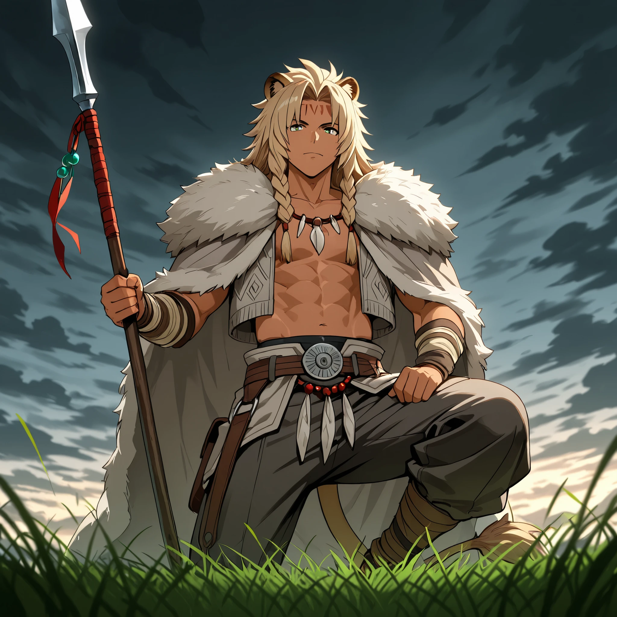 "A young man warrior Dothraki man with semihuman features, ears and lion's tail anime style., 19 years old, athletic body lenses , tanned skin, long voluminous sand-blond hair braided with beads and leather straps. He wears native-American style clothing, gray animal fur jacket and pants with bangs and tribal accessories and a fluffy fur cape, He wears a spear, With a confident expression he walks through an endless sea of grass and stormy sky. dramatic lighting, Epic Anime Style, great level of detail ,