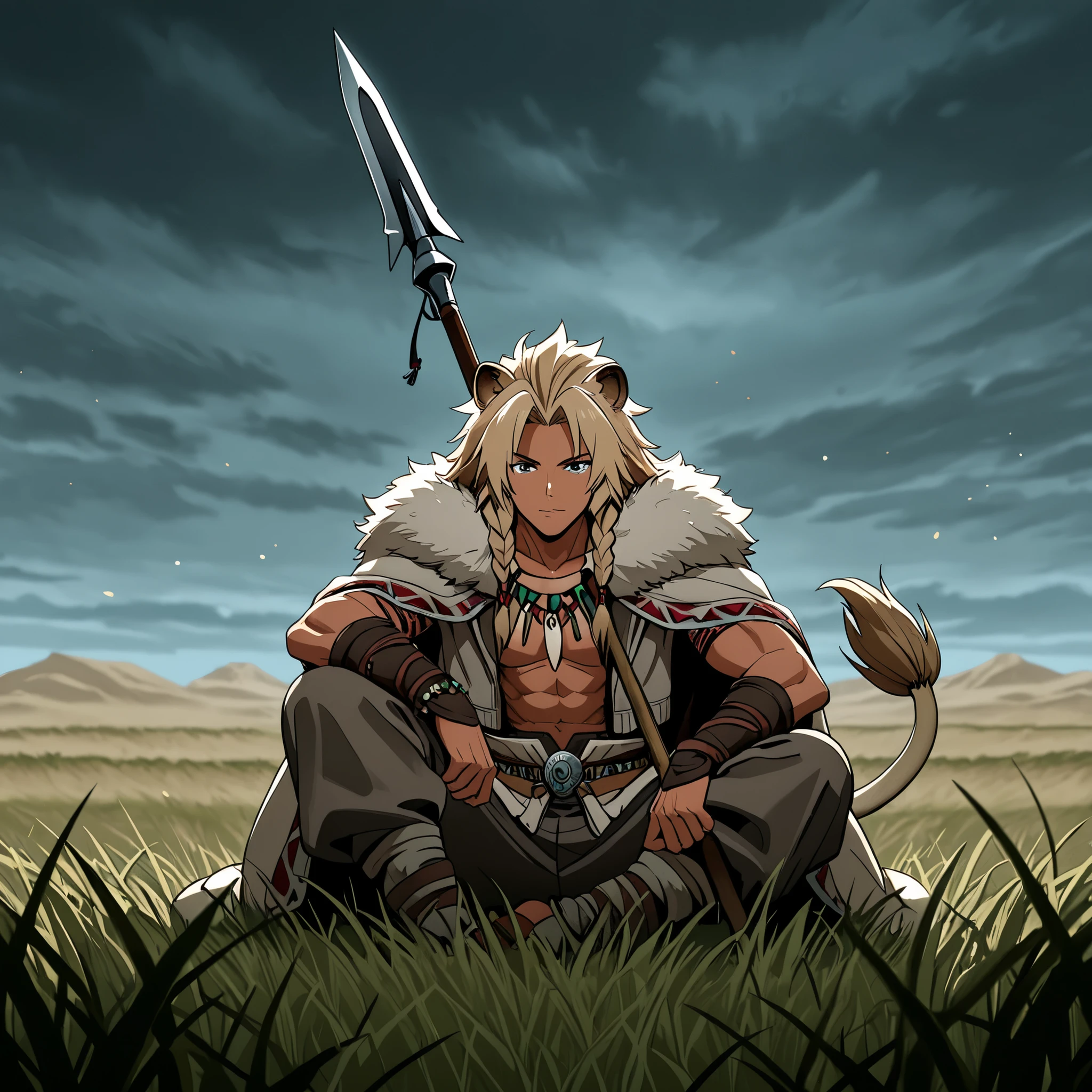 "A young man warrior Dothraki man with semihuman features, ears and lion's tail anime style., 19 years old, athletic body lenses , tanned skin, long voluminous sand-blond hair braided with beads and leather straps. He wears native-American style clothing, gray animal fur jacket and pants with bangs and tribal accessories and a fluffy fur cape, He wears a spear, With a confident expression he walks through an endless sea of grass and stormy sky. dramatic lighting, Epic Anime Style, great level of detail ,
