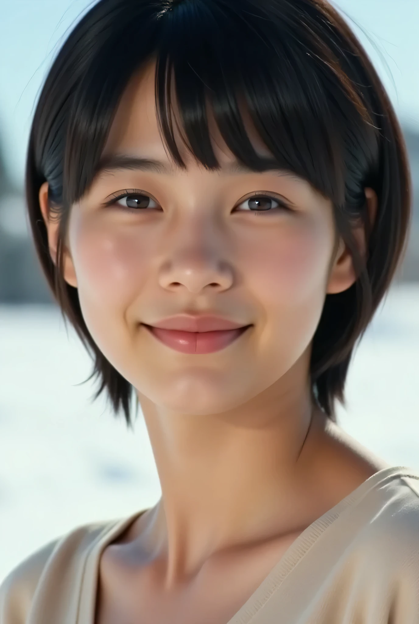 1girl,A close-up shot of her face, from the front, towards viewers., Beautiful 15 Year Old Girl , Jennifer Connelly, she's tall、Full bust and cleavage., shiny black short hair ,beautiful European girl、wearing a flesh-colored v-neck t-shirt showing her earlobes、showing earlobes, not wearing a jacket 、wearing a flesh-colored v-neck t-shirt showing her earlobesいる, Smooth porcelain-like white skin, without makeup , bang, enhances her white skin., she's in a sunny snowy field ., She smiles softly.,