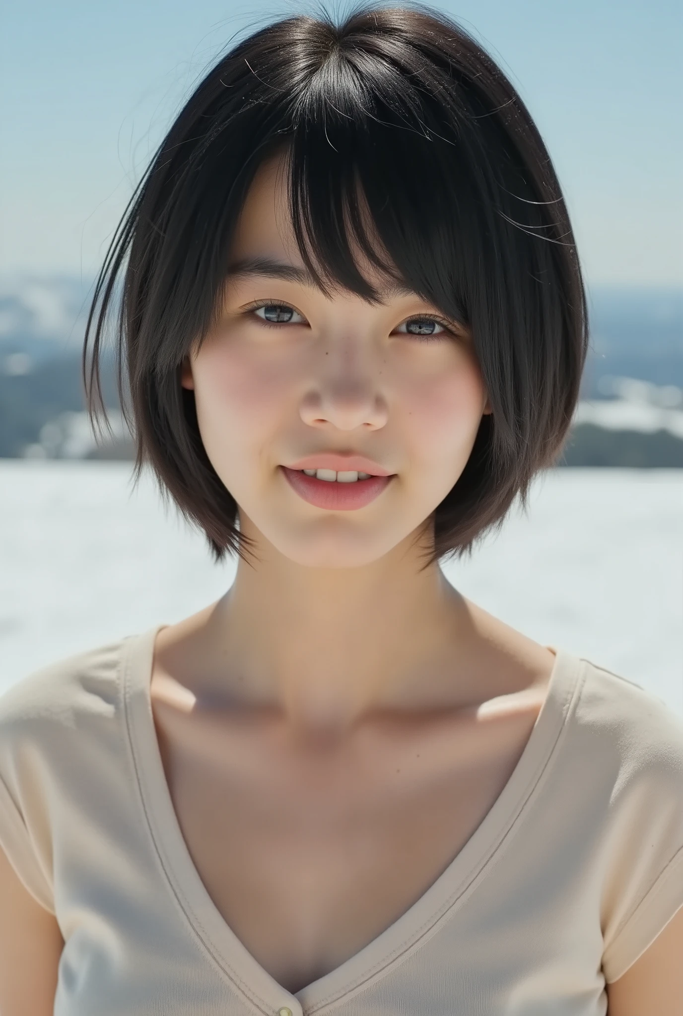 1girl,A close-up shot of her face, from the front, towards viewers., Beautiful 15 Year Old Girl , Jennifer Connelly, she's tall、Full bust and cleavage., shiny black short hair ,beautiful European girl、wearing a flesh-colored v-neck t-shirt showing her earlobes、showing earlobes, not wearing a jacket 、wearing a flesh-colored v-neck t-shirt showing her earlobesいる, Smooth porcelain-like white skin, without makeup , bang, enhances her white skin., she's in a sunny snowy field ., She smiles softly.,
