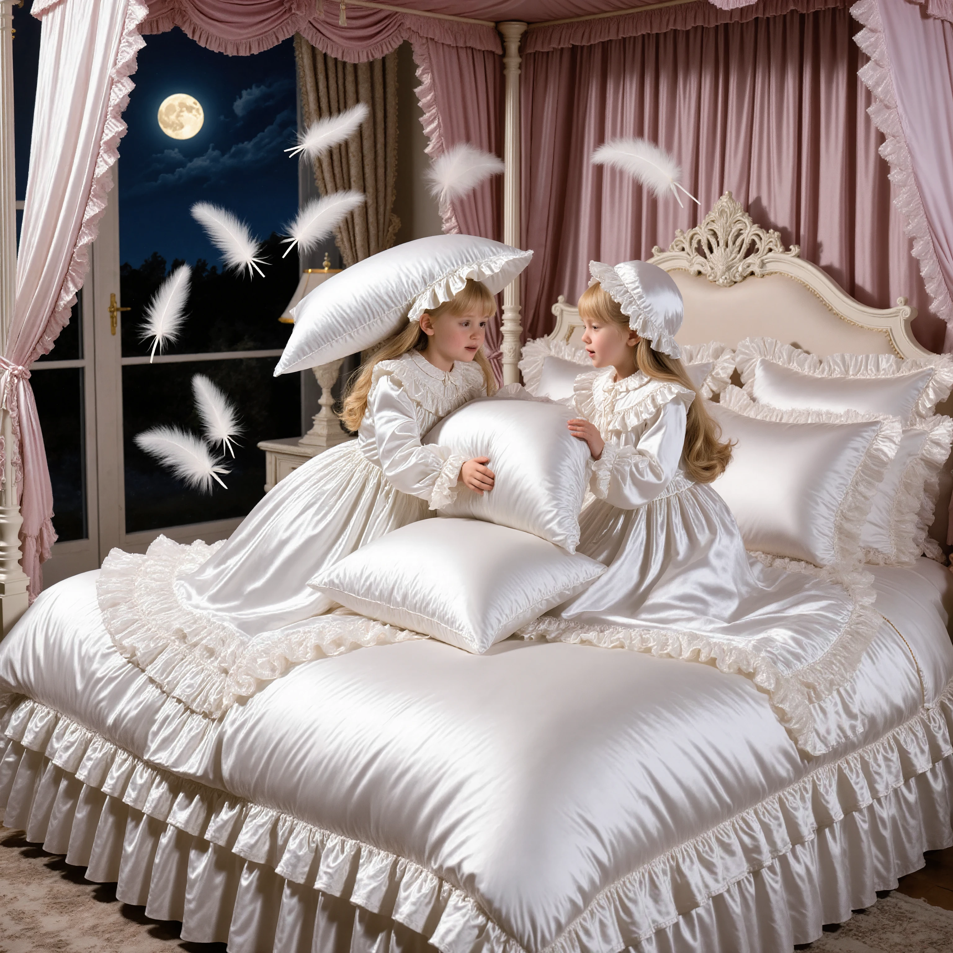 Highest Quality, masterpiece, highest resolution, art work, super get used to it, many Get used to it, Get used to it, get used to it,change,Before going to bed, ,Little Girl, on the bed,((大きなon the bedのかわいい女の子)),((Childhood )), ((Little Girls Pillow Fighting on the bed,Pillow Fight:1.2,)),They Have Ruffled Silk Satin Pillows,((lots of white feathers dancing,detailed Realistic feather:1.0))((10 years old)),European,((long blonde hair:1.0)),(((white nightgown with lots of frills and ribbons,1920s style Victorian nightgown:1.2))),((frill nightcap with ribbon)),((Detailed Yoke Color with Ruffles and Ribbons,detailed ruffle placket:1.0)),((long sleeve,puff sleeve with ribbon,ruffle sleeve)),((Ruffle Long Skirt Up to the Ankle:1.0)),((the whole body is shown)),(of the goddess),(Men wearing),detailed night view and the moon in the window,Before going to bed,white ruffle socks, Big Bed with Lots of ruffled cushion with necklace,Luxury Canopy Bed , ,four-poster canopy bed,king size bed,big bed,ruffled cushion with necklace,More pillows, Soft and smooth comforter,round plump comforter,Ruffled lace silk.retro white pipe bed frame, Realistic,((Out of frame bigger king size bed:1.2)), Frilled Drapes ,