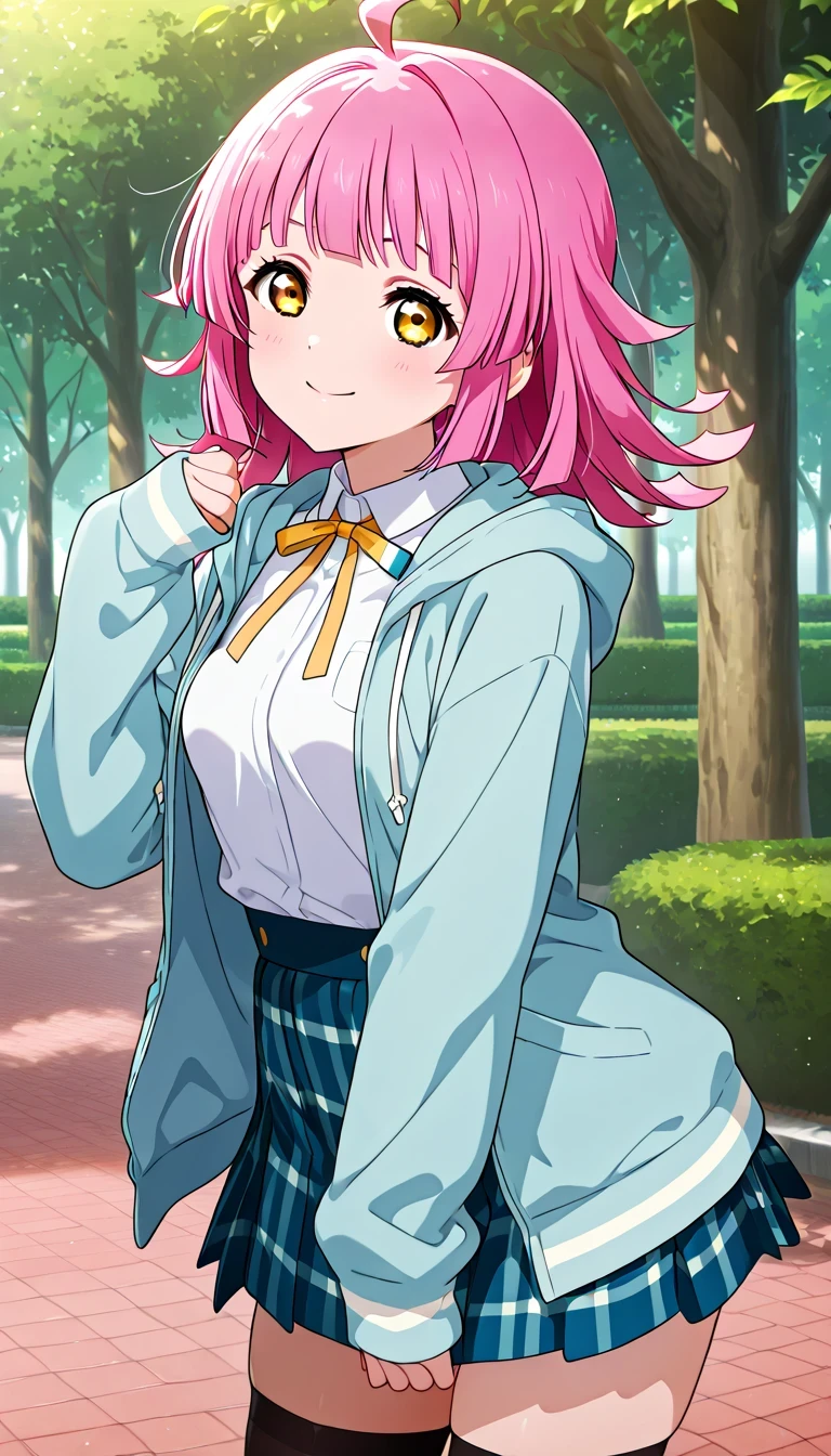 anime style, masterpiece, best quality, ultra detailed, highres, 8k, smile, 1 girl,
Rina Tennoji, aarina, medium hair, pink hair, ahoge, blunt ends, yellow eyes, small breasts, yellow ribbon, white shirt, hooded jacket, light blue jacket, open jacket, long sleeves, sleeves past wrists, plaid skirt, blue skirt, black thighhighs, park