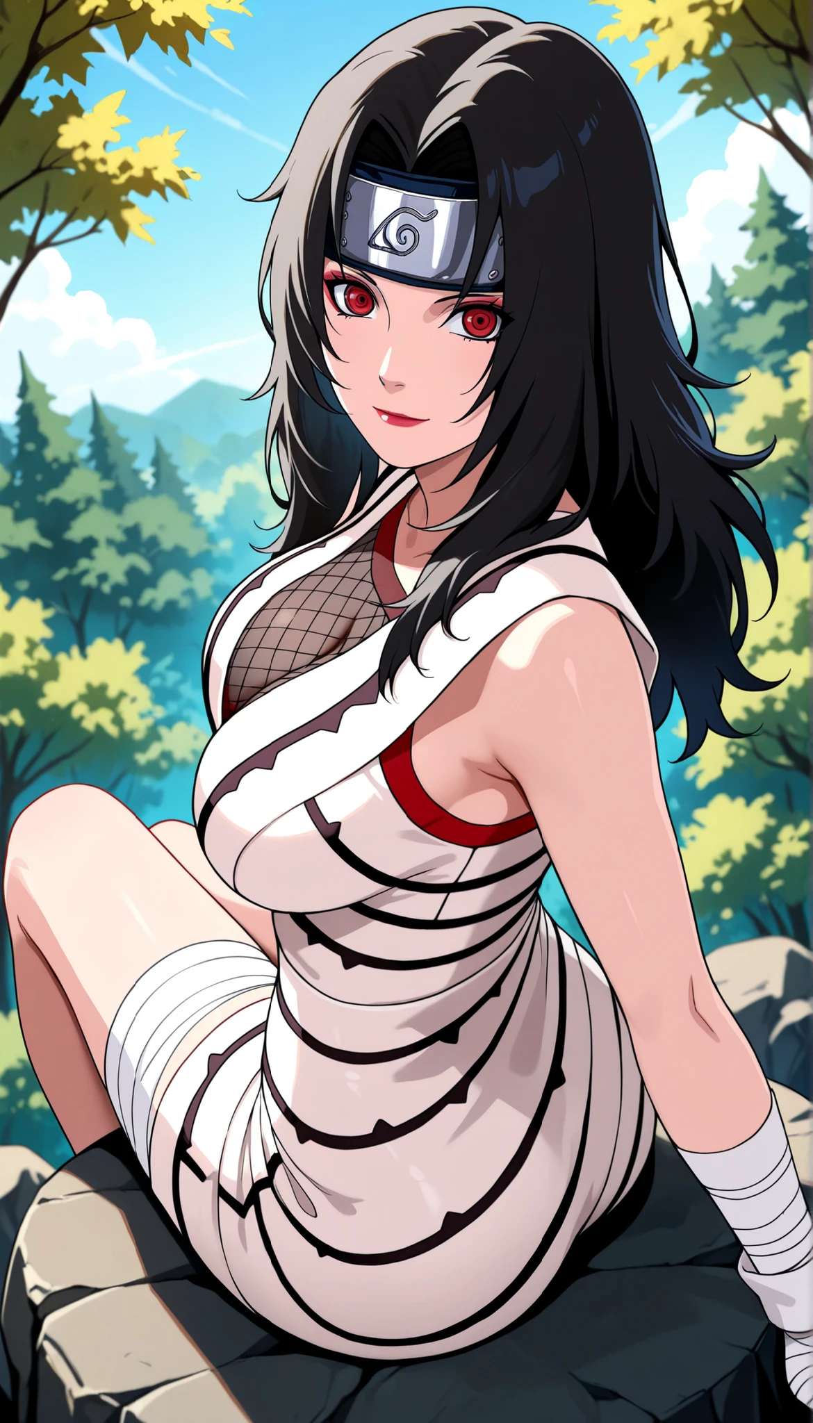 best quality, amazing quality, very aesthetic, absurdres,cowboy shot,1girl, solo,kurenai,black hair,long hair,red eyes,big breasts,makeup,forehead protector,bandaged arm,bandages,fishnet top,asymmetrical clothes,single sleeve,forest,blue sky,looking at viewer,light smile,sitting on rock,from above,looking back,from behind,cleavage
