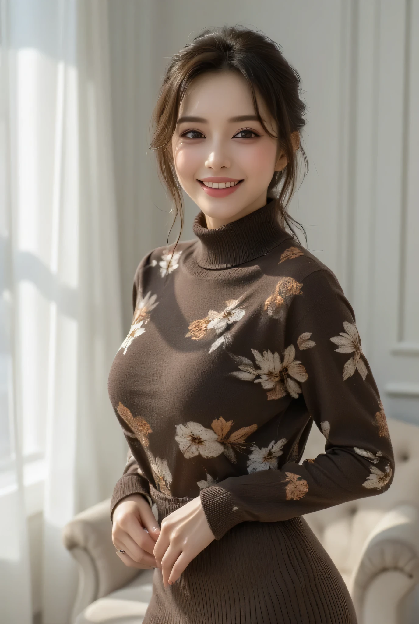 A sophisticated Japanese woman in her late 40s, wrapped in a floral dark brown turtleneck knit with cashmere-like softness. The premium knit fabric elegantly embraces her voluptuous yet refined bust, creating smooth curves from the stylish high neck to the hem. A delicately ribbed tight skirt, sitting15 centimeters above the knee, sensually accentuates her slender legs' silhouette. her lips adds a sensual charm to her expression. She gazes directly at the camera with clear dark brown eyes, wearing an intelligent and warm smile. Her glossy black hair highlighting the beautiful line of her neck. Captured in a sophisticated space with glossy white walls, bathed in natural sunlight, this shot perfectly encapsulates the charm of a mature woman.