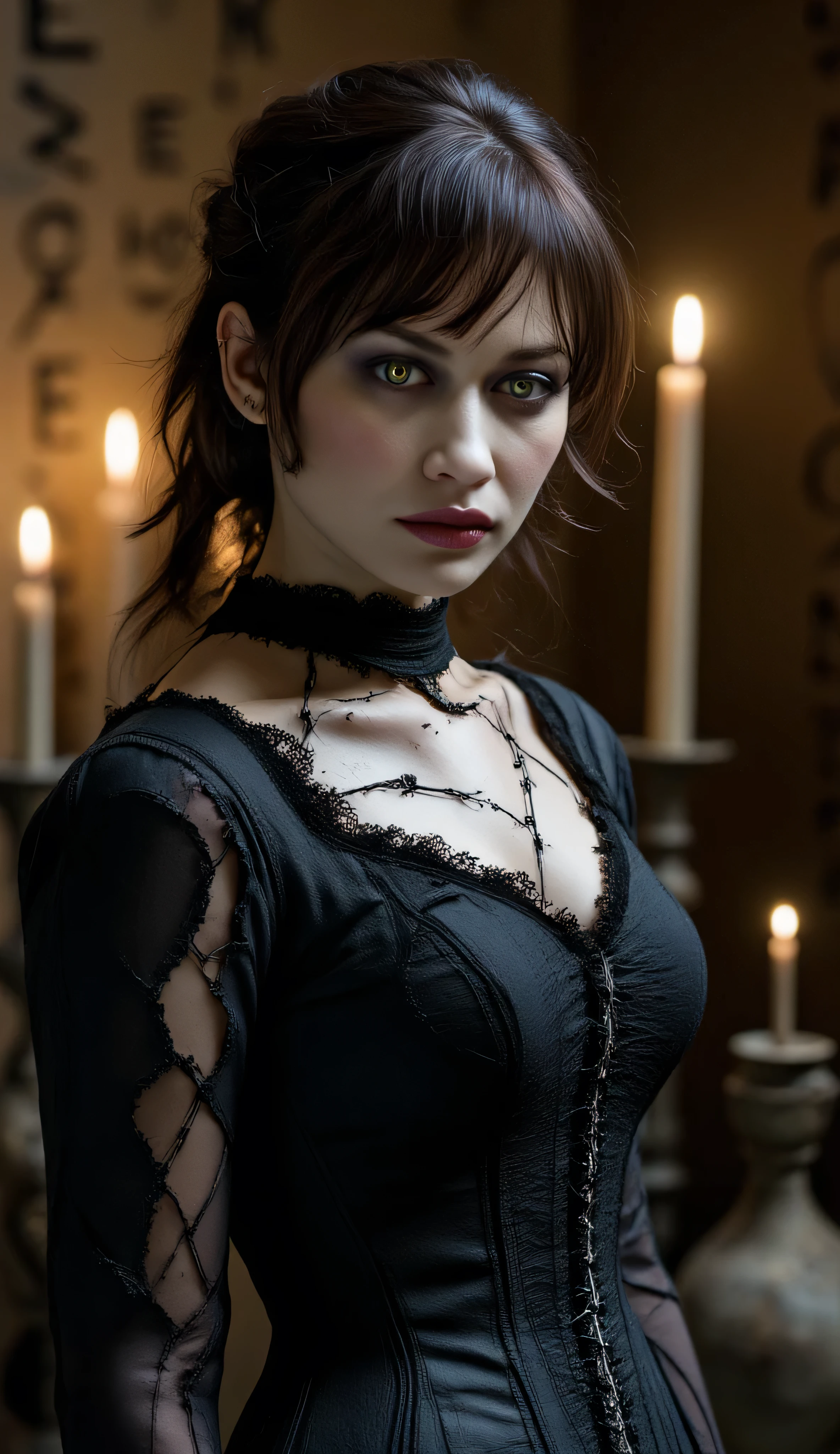 Olga Kurylenko as Lady Frankenstein, gothic horror style, inspired by Guillermo del Toro, dark decaying Victorian manor filled with alchemical equipment and flickering candlelight, dress is a blend of decayed silk and gothic armor, stitched together with visible seams, evoking both beauty and monstrosity, pale skin, delicate but eerie surgical scars, eyes glowing faintly in the shadows, rich atmosphere, dust, rust, old wood, mystical symbols etched into the walls, cinematic composition, baroque horror, highly detailed, unsettling yet strangely beautiful, cowboy shot