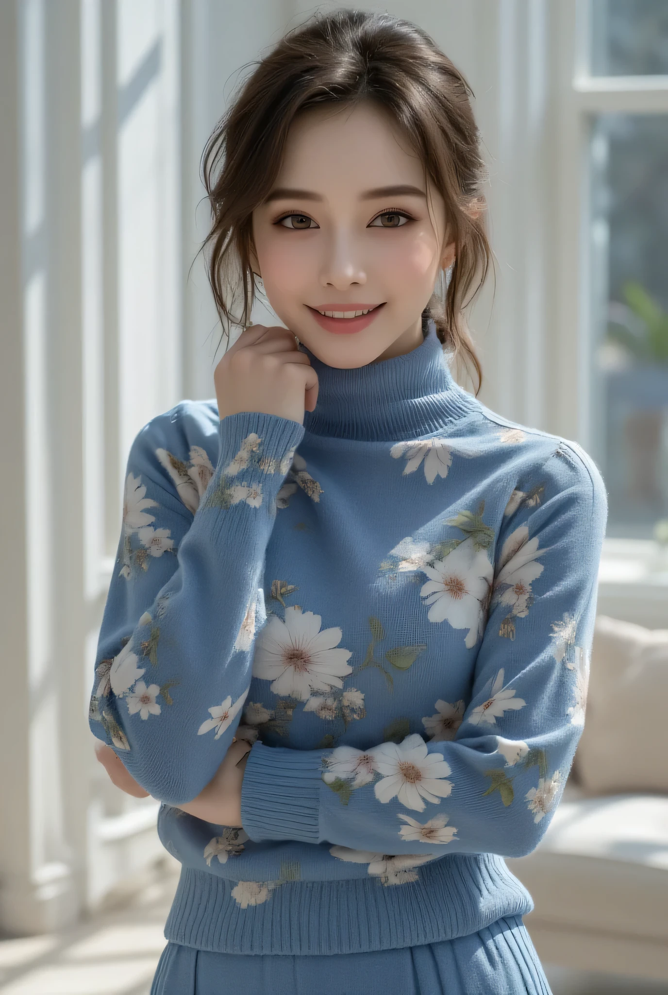 A sophisticated Japanese woman in her late 40s, wrapped in a floral blue turtleneck knit with cashmere-like softness. The premium knit fabric elegantly embraces her voluptuous yet refined bust, creating smooth curves from the stylish high neck to the hem. A delicately ribbed tight skirt, sitting15 centimeters above the knee, sensually accentuates her slender legs' silhouette. her lips adds a sensual charm to her expression. She gazes directly at the camera with clear dark brown eyes, wearing an intelligent and warm smile. Her glossy black hair highlighting the beautiful line of her neck. Captured in a sophisticated space with glossy white walls, bathed in natural sunlight, this shot perfectly encapsulates the charm of a mature woman.
