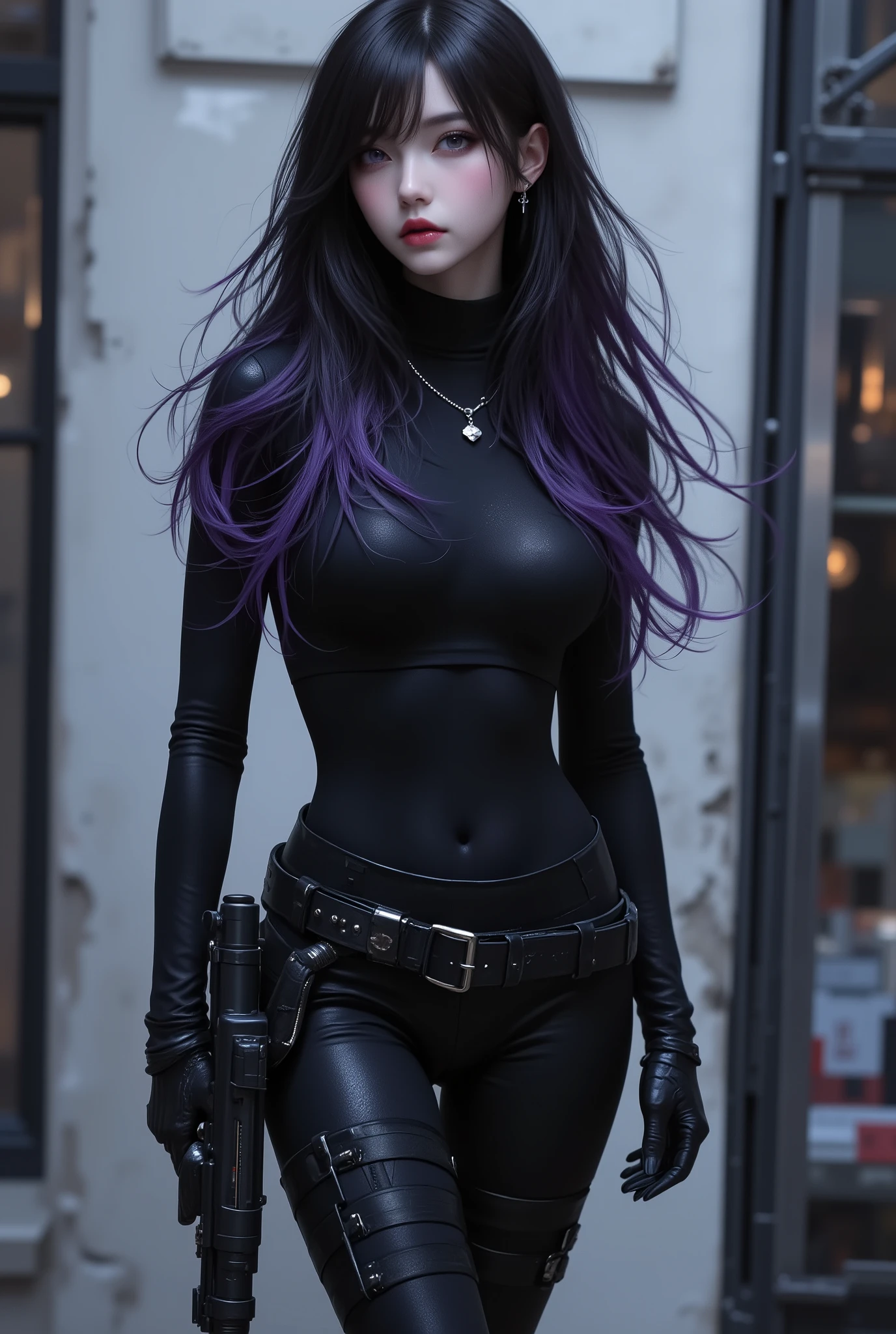 Photo Real、Realistic Skin Texture、gun、extremely tight cyberpunk catsuit、beautiful long hair、Dim Cyberpunk City、Beautiful Thin Violet Eyes、Black hair with slightly purple tips、thinウエスト、Beautiful Standing、Equipped on a Belt、thin、style is good、Shoulder-width is not wide、The waist is wide、My chest is slipping down medium size