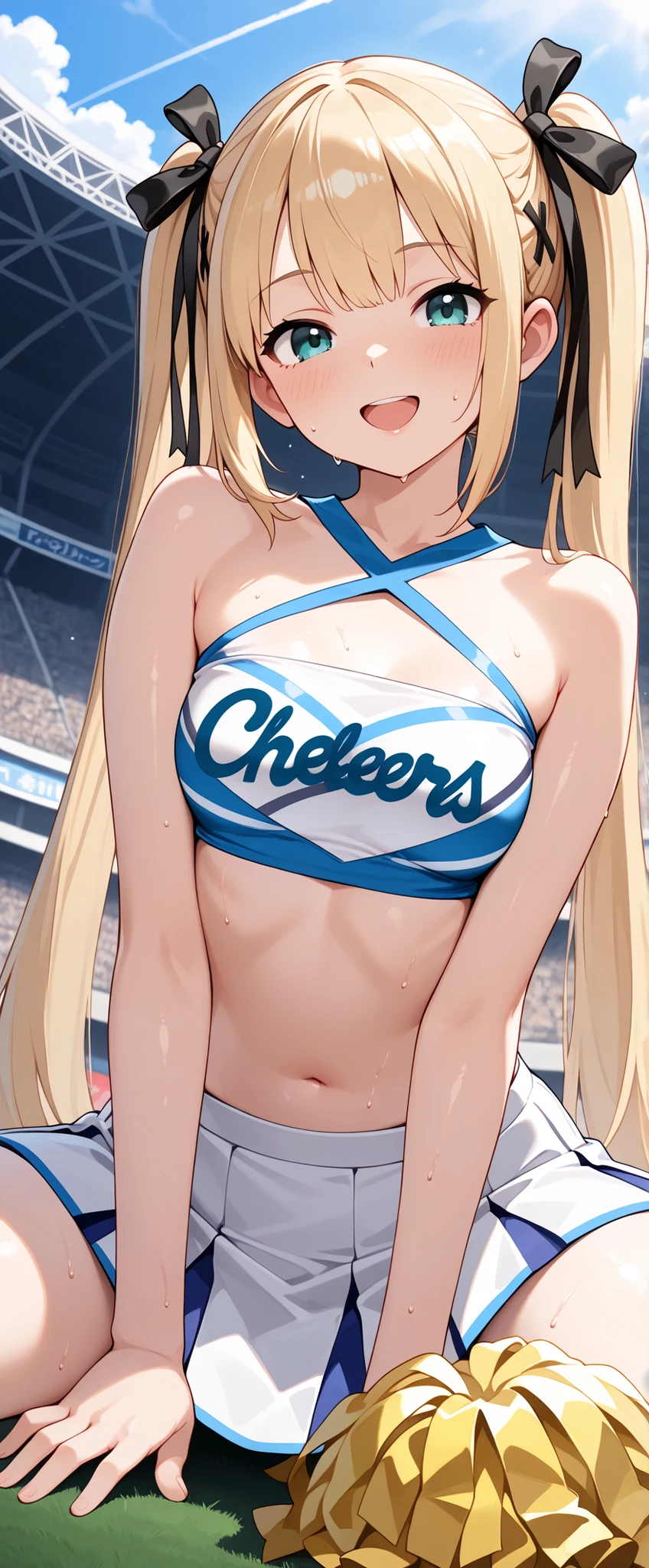 (masterpiece,Highest Quality,ultra high res),1 Japanese woman, (((prompts, an AI illustration that reproduces a very beautiful ))), Pretty Girl with Good Sense、look at the photographer、 (()), very cute face, ,pushes out dark skin with a natural smile、 , 、, Perfect Hands and Feet, Perfect Anatomy,((( Support uniform ,cheerleader,cheerleader,tube top))))Stadium,())sweaty,(((tube top)))((((open mouth))))Marie Rose,white skin