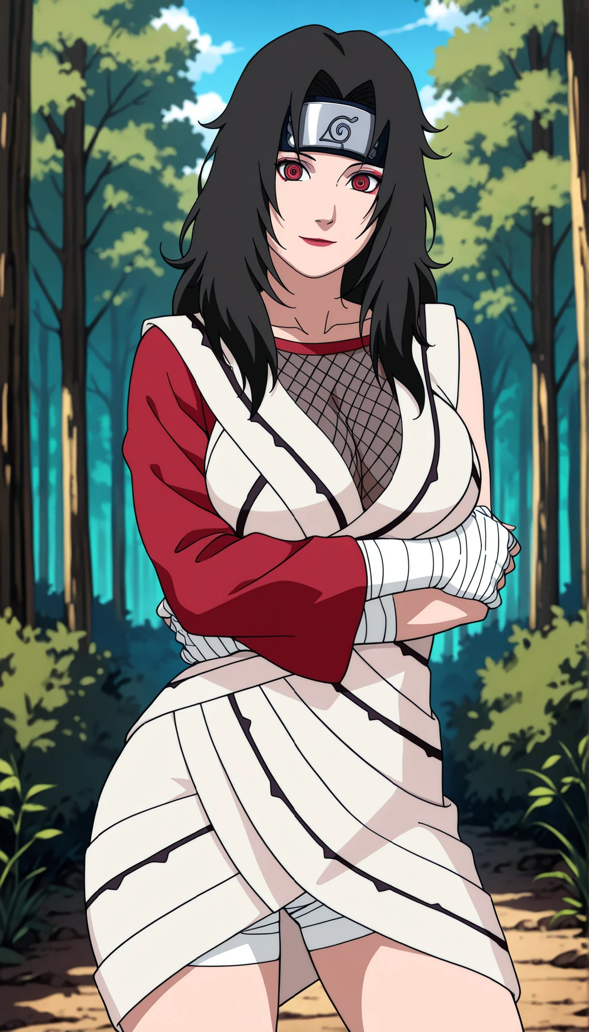 best quality, amazing quality, very aesthetic, absurdres,cowboy shot,1girl, solo,kurenai,black hair,long hair,red eyes,big breasts,makeup,forehead protector,bandaged arm,bandages,fishnet top,asymmetrical clothes,single sleeve,forest,blue sky,cleavage,contrapposto,looking at viewer,arms under breasts,light smile,