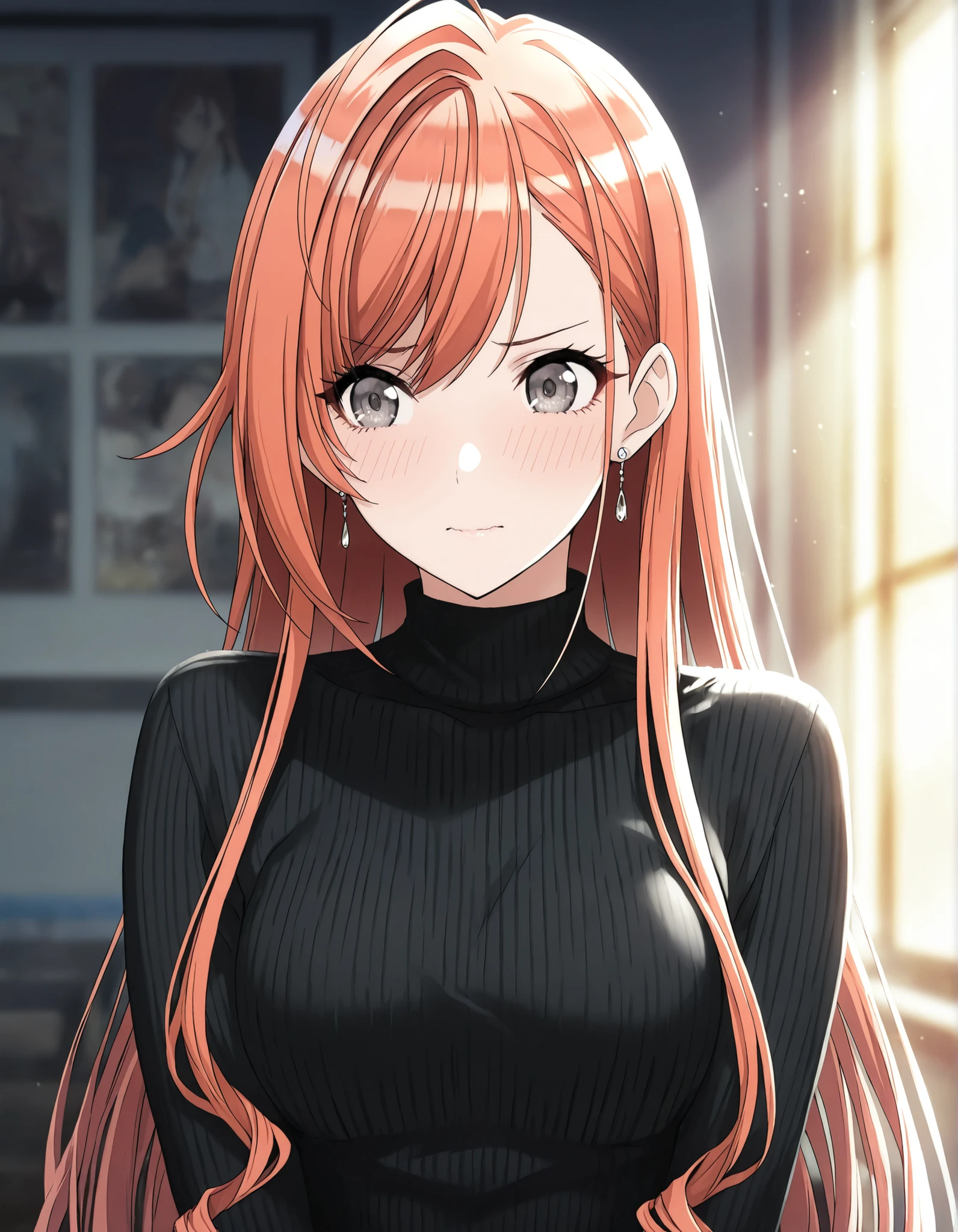 (masterpiece),(best quality),(ultra-detailed),(best illustration),((cinematic light)),(absurdres),(detailed background),(very aesthetic),arisugawa natsuha, 1girl, solo, orange hair, medium hair, ahoge,(hair down), parted bangs, (straight hair:1.5), gray eyes, small , anime screencap, black turtleneck knit,  (aged up), light embarrassed, , ,
