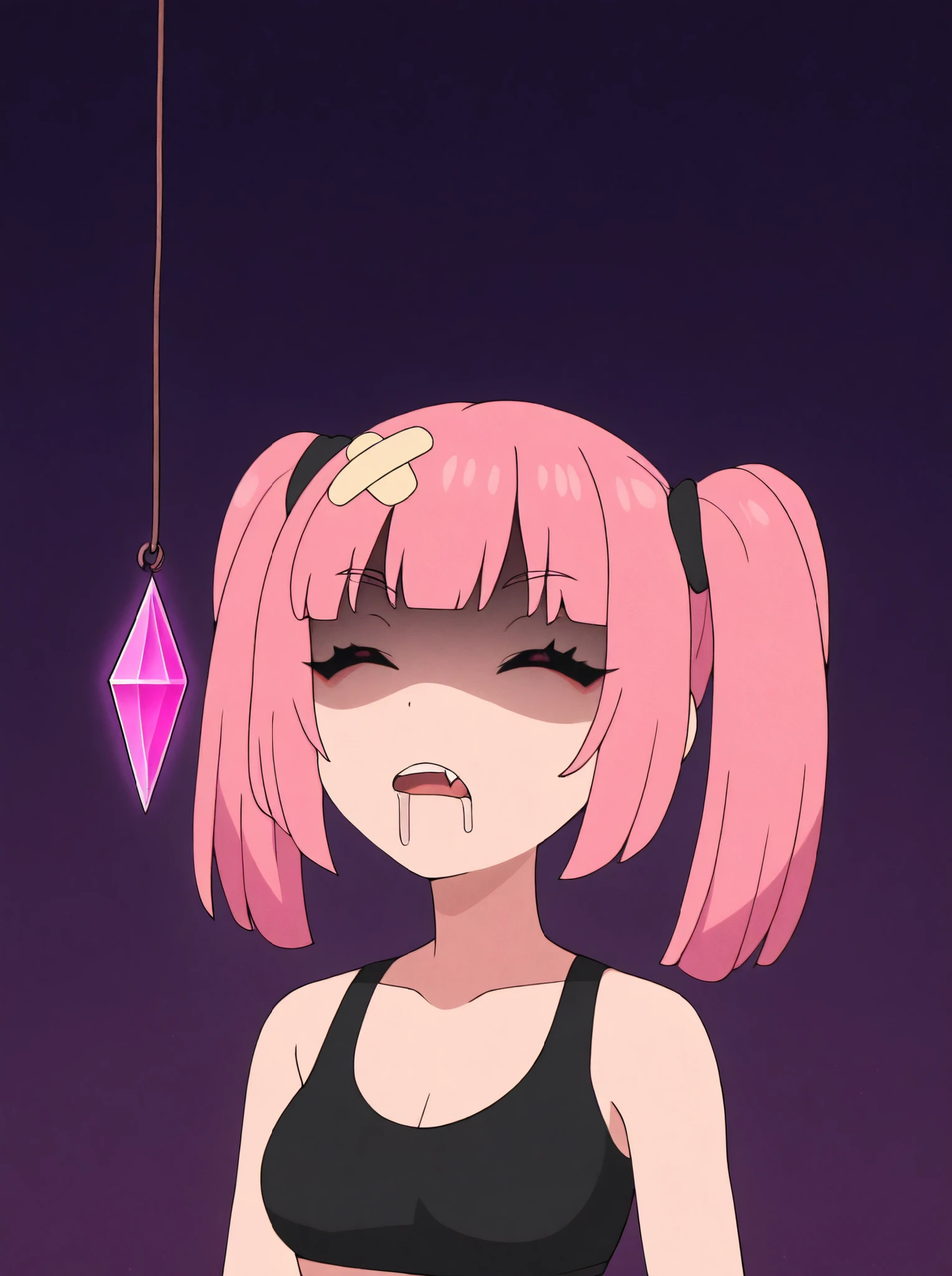 masterpiece, best quality, amazing quality, very aesthetic, absurdres, newest, simple background,  dark purple background, angomegavoltage, 1girl, bandaid on head, pink hair, solo, twintails, bangs, fang, upper teeth only, black bra, bare shoulders, upper body, partially shaded face, expressionless, closed_eyes, closed eyes, eyes closed, hypnosis, hypnotized, sleeping, sleeping while standing, drooling, drooling from mouth, medium breasts, crystal on string
