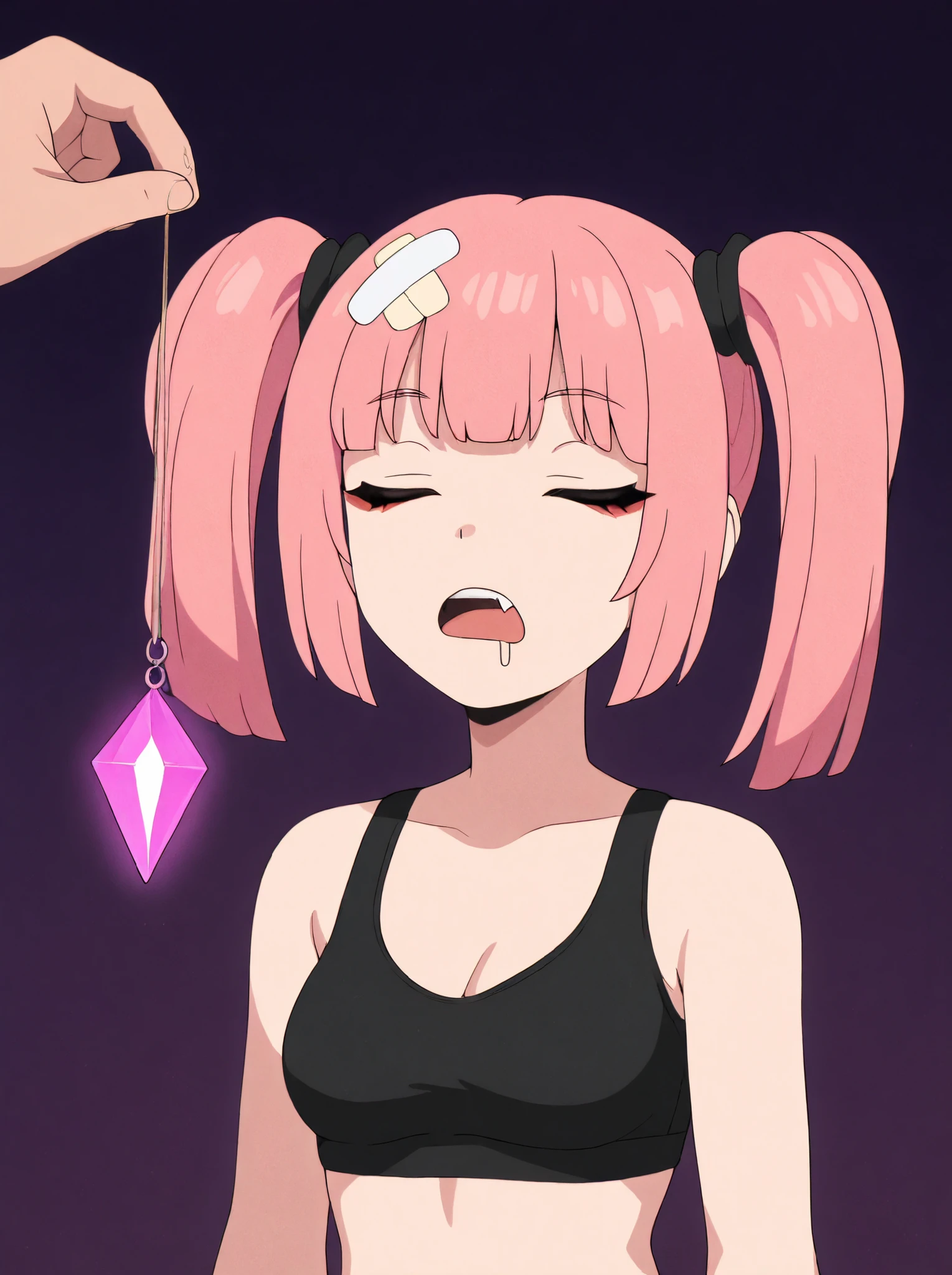 masterpiece, best quality, amazing quality, very aesthetic, absurdres, newest, simple background,  dark purple background, angomegavoltage, 1girl, bandaid on head, pink hair, solo, twintails, bangs, fang, upper teeth only, black bra, bare shoulders, upper body, expressionless, closed_eyes, closed eyes, eyes closed, hypnosis, hypnotized, sleeping, sleeping while standing, drooling, drooling from mouth, medium breasts, crystal on string